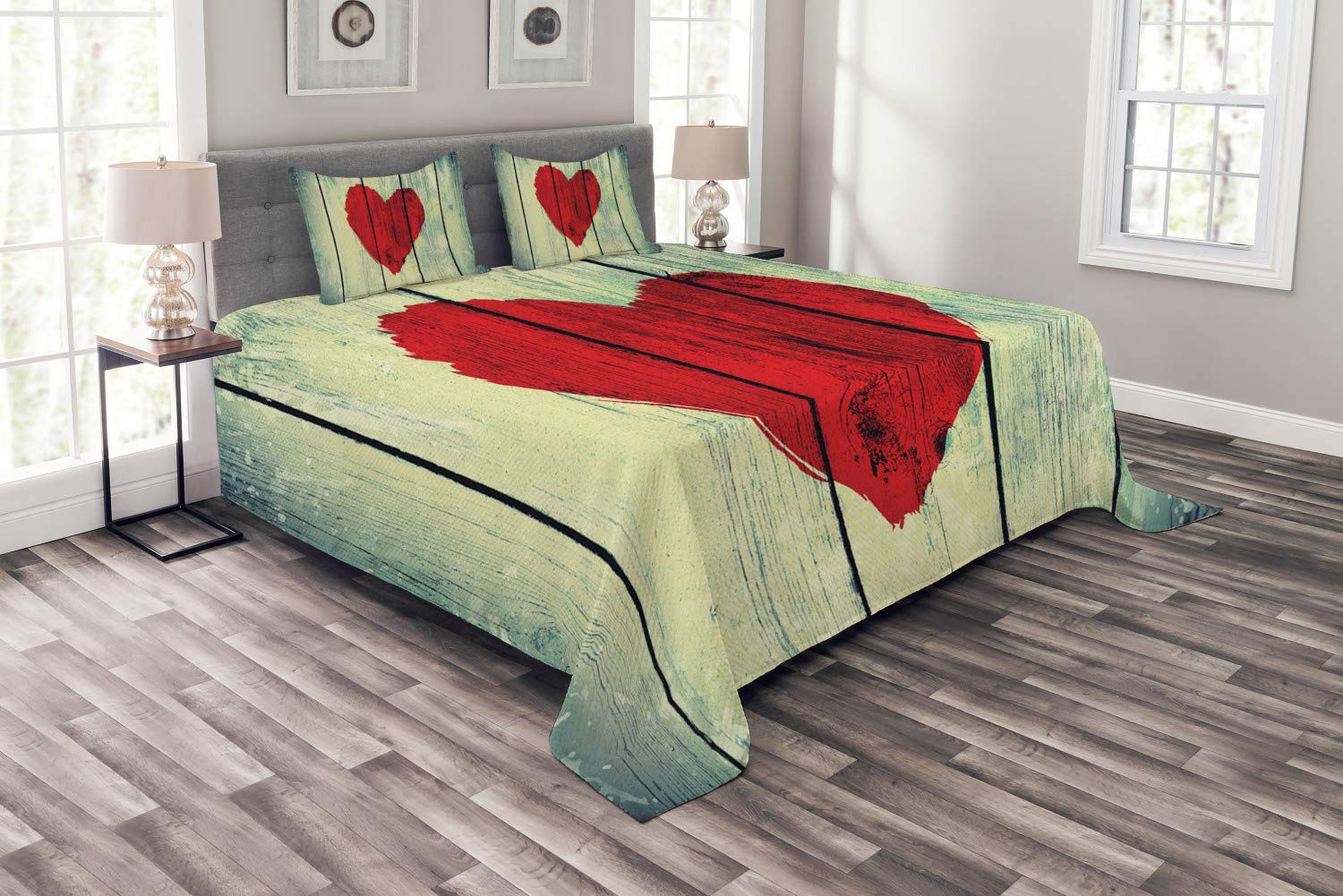 Ambesonne Romantic Heart Print Bedspread Set - King Size 3-Piece Bedding with 2 Pillow Shams, Rustic Wooden Wall Design in Red & Pale Green - Perfect for Valentine's Day, Anniversary Gifts or Cozy Bedroom Decor