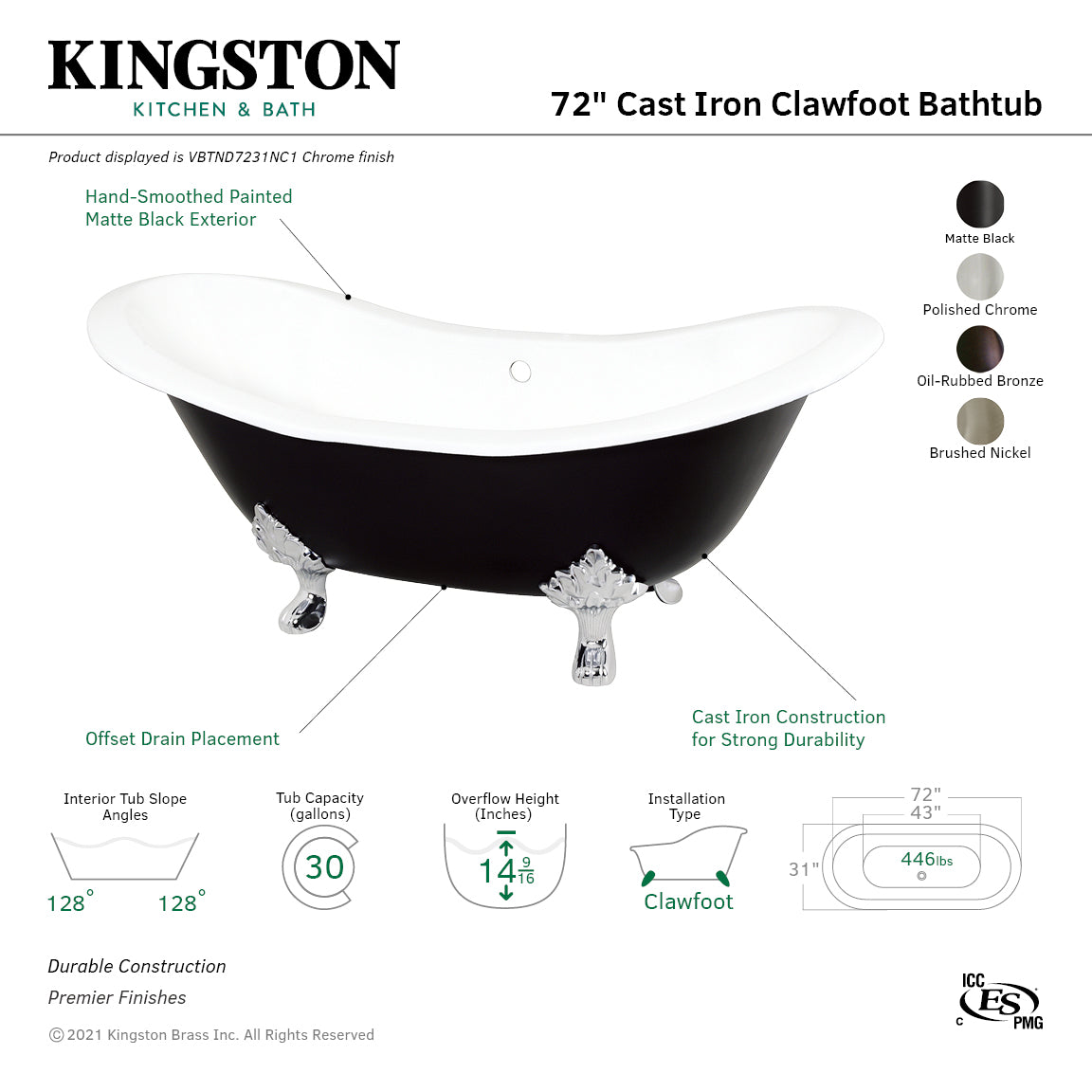 72 Inch White Matte Black Cast Iron Clawfoot Bathtub - Oval Double Slipper Design Without Faucet Drillings | Vintage Bathroom Centerpiece for Luxurious Soaking Experience