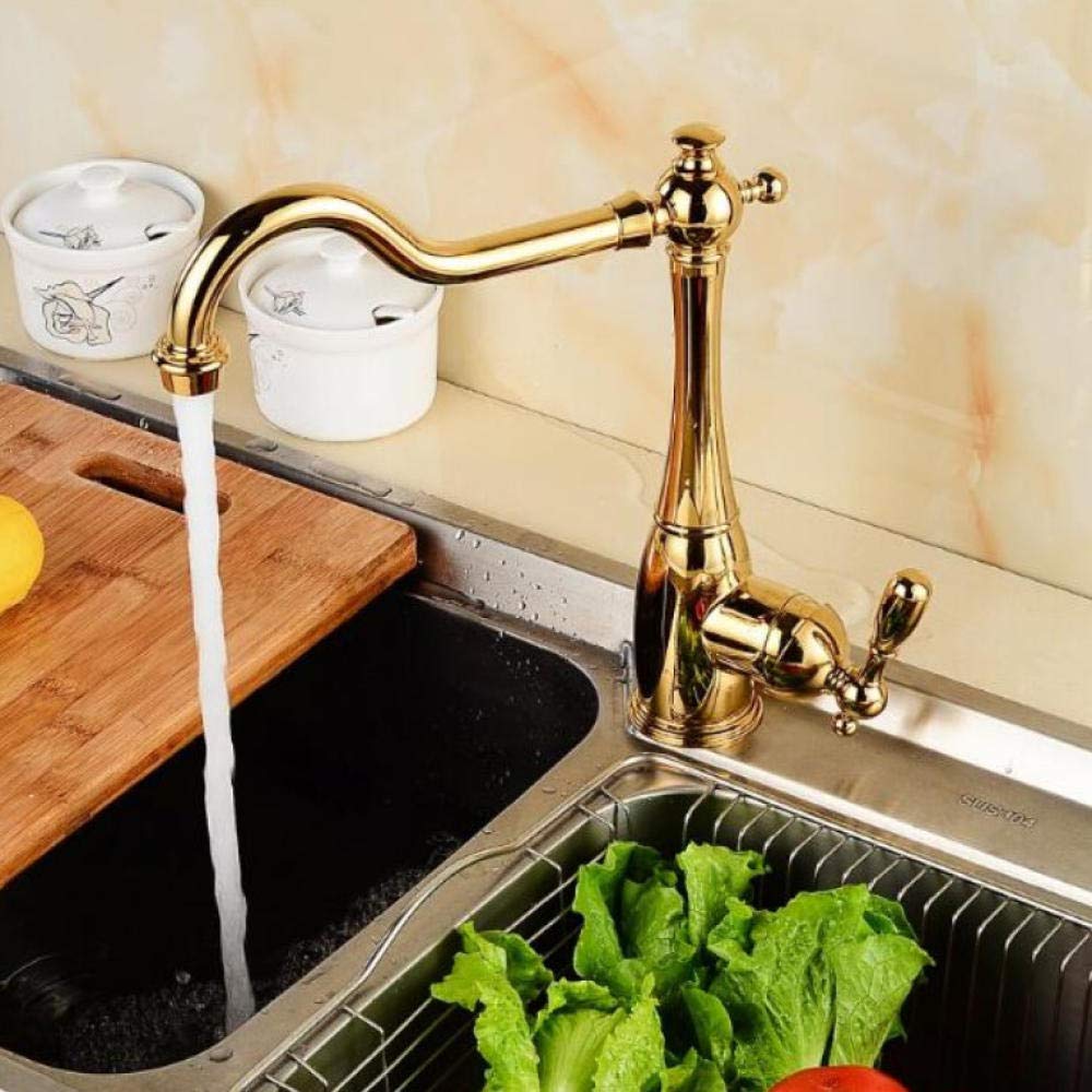 Gold Plated Single Handle Kitchen Sink Faucet - 360° Swivel Deck Mount Mixer Tap with Hot & Cold Water - Perfect for Modern Homes & Restaurant Use