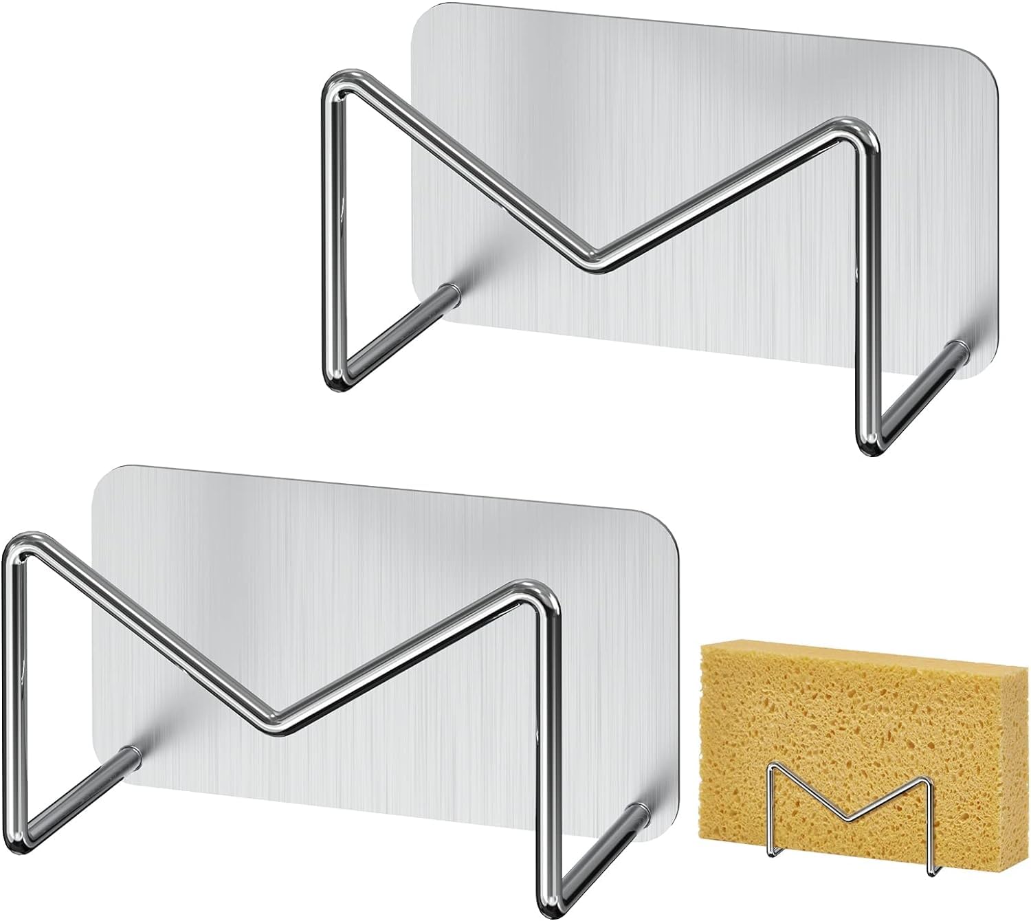 2 Pack NEOUTH Stainless Steel Sponge Holder for Kitchen Sink - SUS304 Sink Caddy Organizer with Self-Adhesive, No Drilling Required - Silver Kitchen Accessories for Sponge & Scrubber Storage (Perfect for Small Kitchens & RVs)