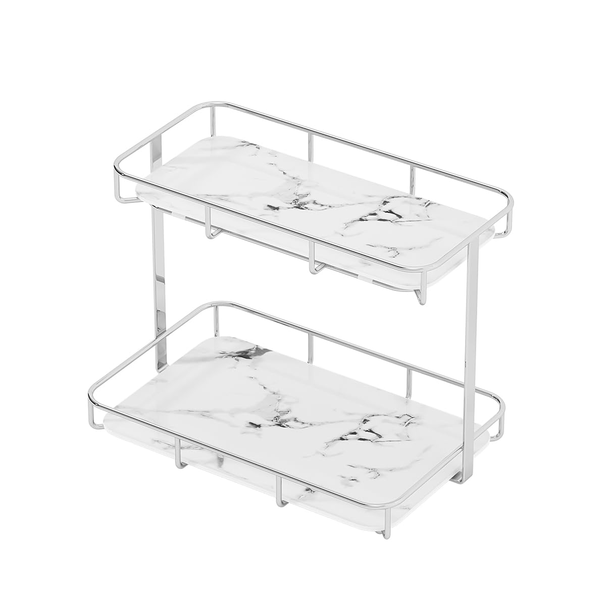 Stainless Steel Gold Makeup Organizer with White Marble Tray - Bathroom Countertop Perfume & Cosmetics Storage Display Rack - Vanity Tray for Dresser (L-Silver) | Perfect for Bedroom, Bathroom & Vanity Table Organization