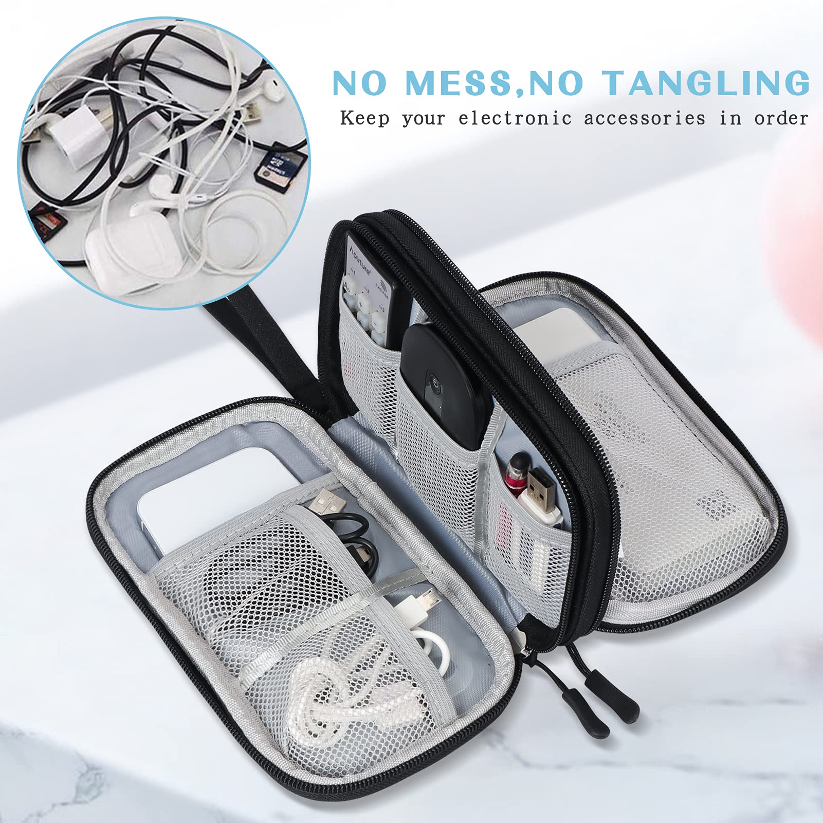 WWW Electronics Accessories Organizer - Waterproof Cable Storage Bag with Dual Layer Zipper for Chargers, Cords & Phones | Portable Travel Carry Pouch for Office, Home & Car Organization (Black)