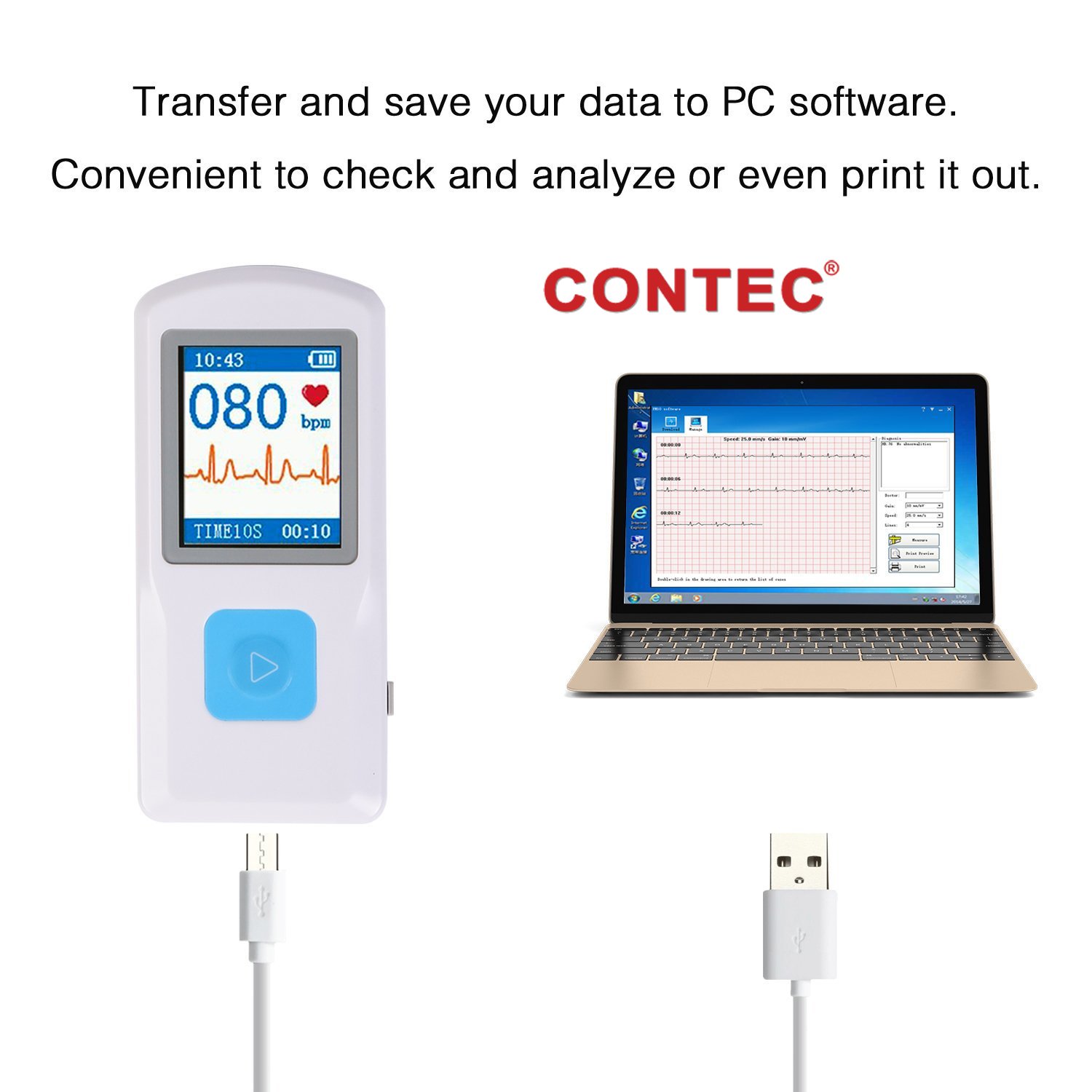 CONTEC Portable ECG/EKG Monitor with PC Software & Bluetooth - Heart Rate Monitor with LCD Display for Home & Clinical Use - Track Heartbeat & Electrocardiogram Data Anytime, Anywhere