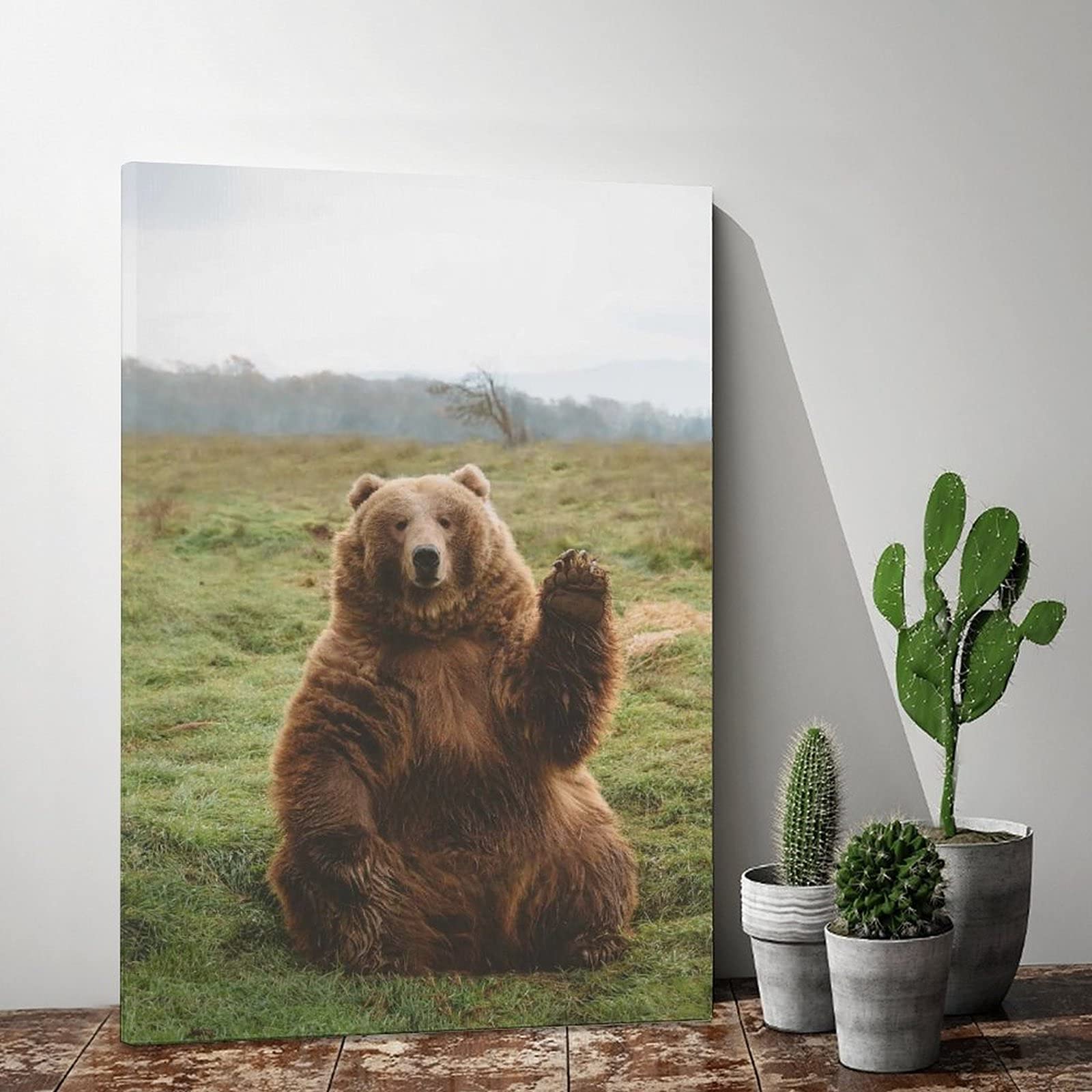 Chubby Naive Grizzly Bear Waving Canvas Wall Art - 12x18 Inch Nature Landscape Painting for Living Room, Bedroom & Office Decor - Perfect Gift for Home & Sports Fans