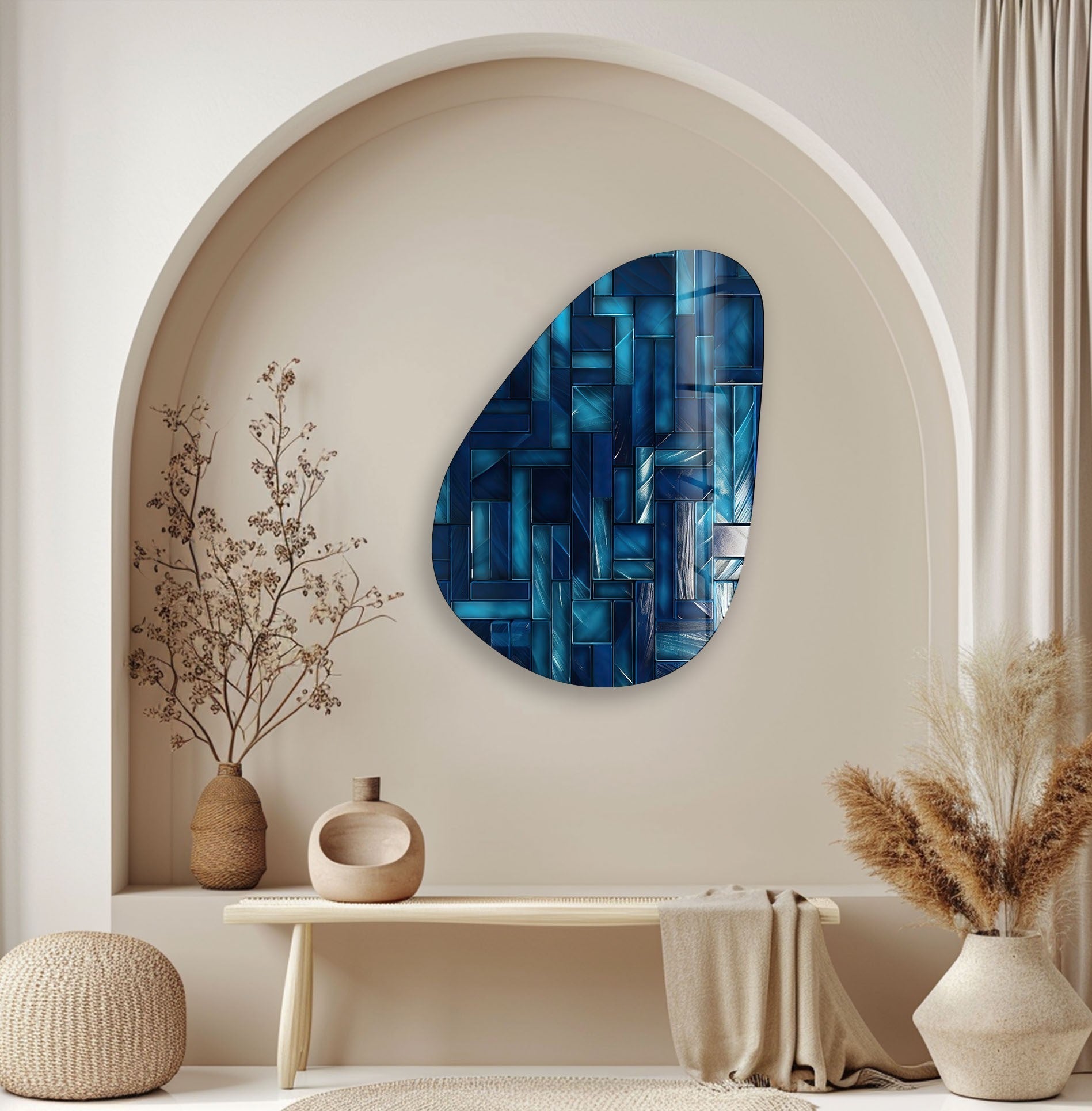 Asymmetrical Oval Navy Blue Lines Glass Wall Art - Modern Abstract Home Decor for Living Room, Bedroom & Office - Handmade Glass Wall Hanging for Unique Interior Design