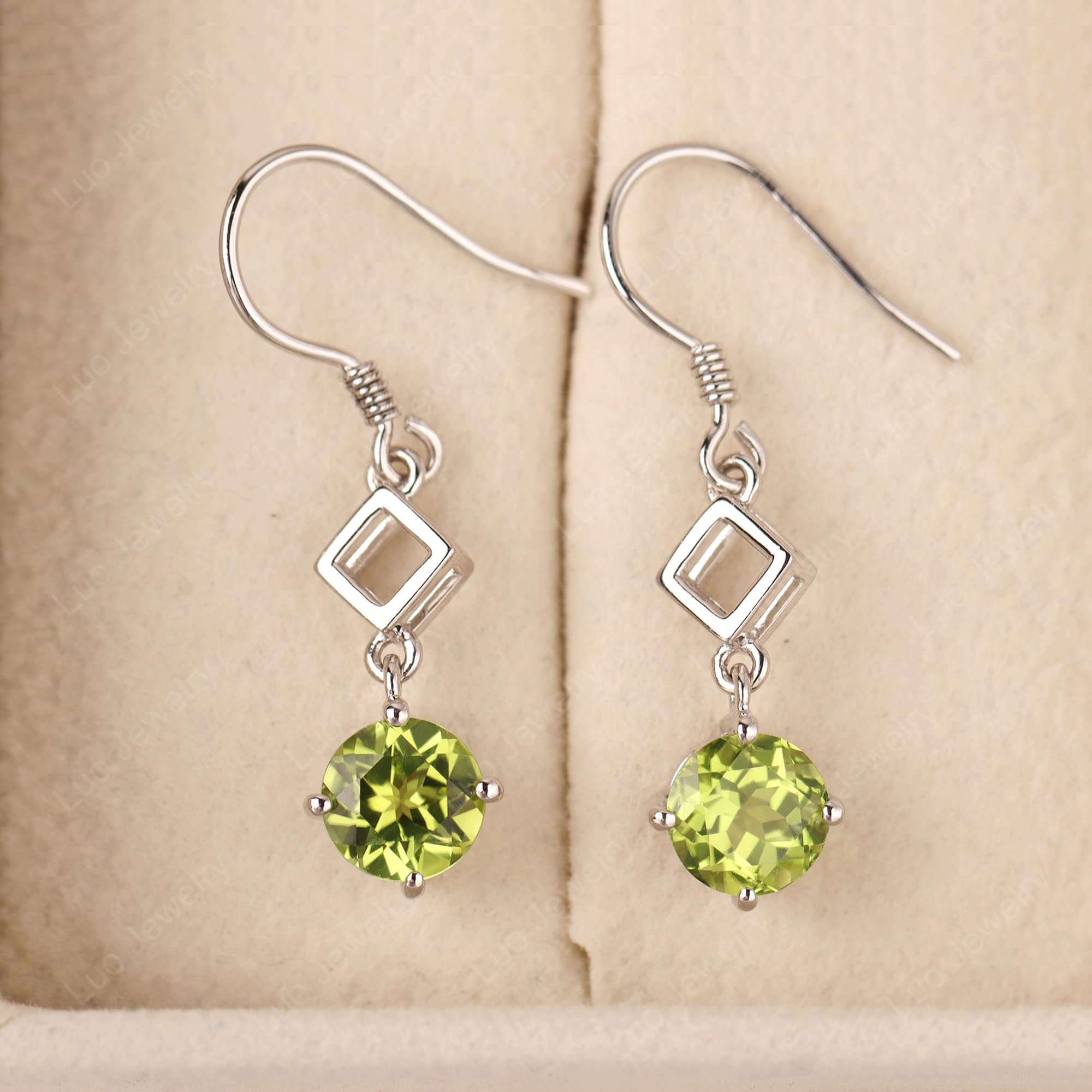 S925 Sterling Silver Peridot Dangle Earrings for Women - Round Green Gemstone Drop Earrings for Bridal, Wedding, Party & Everyday Wear
