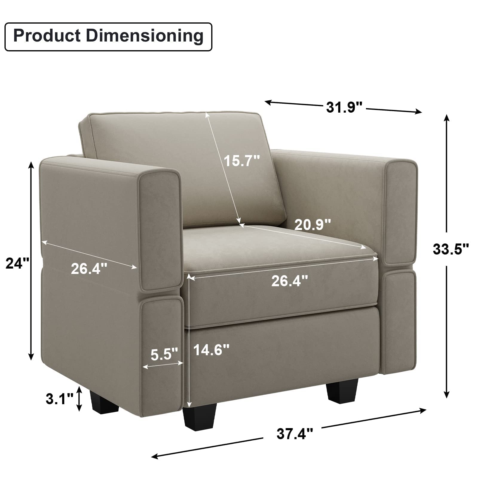 Belffin Modular Sectional Arm Chair with Storage Seat - Velvet Grey Accent Chair for Living Room, Apartment, or Office - Comfortable Single Club Chair for Relaxing & Reading