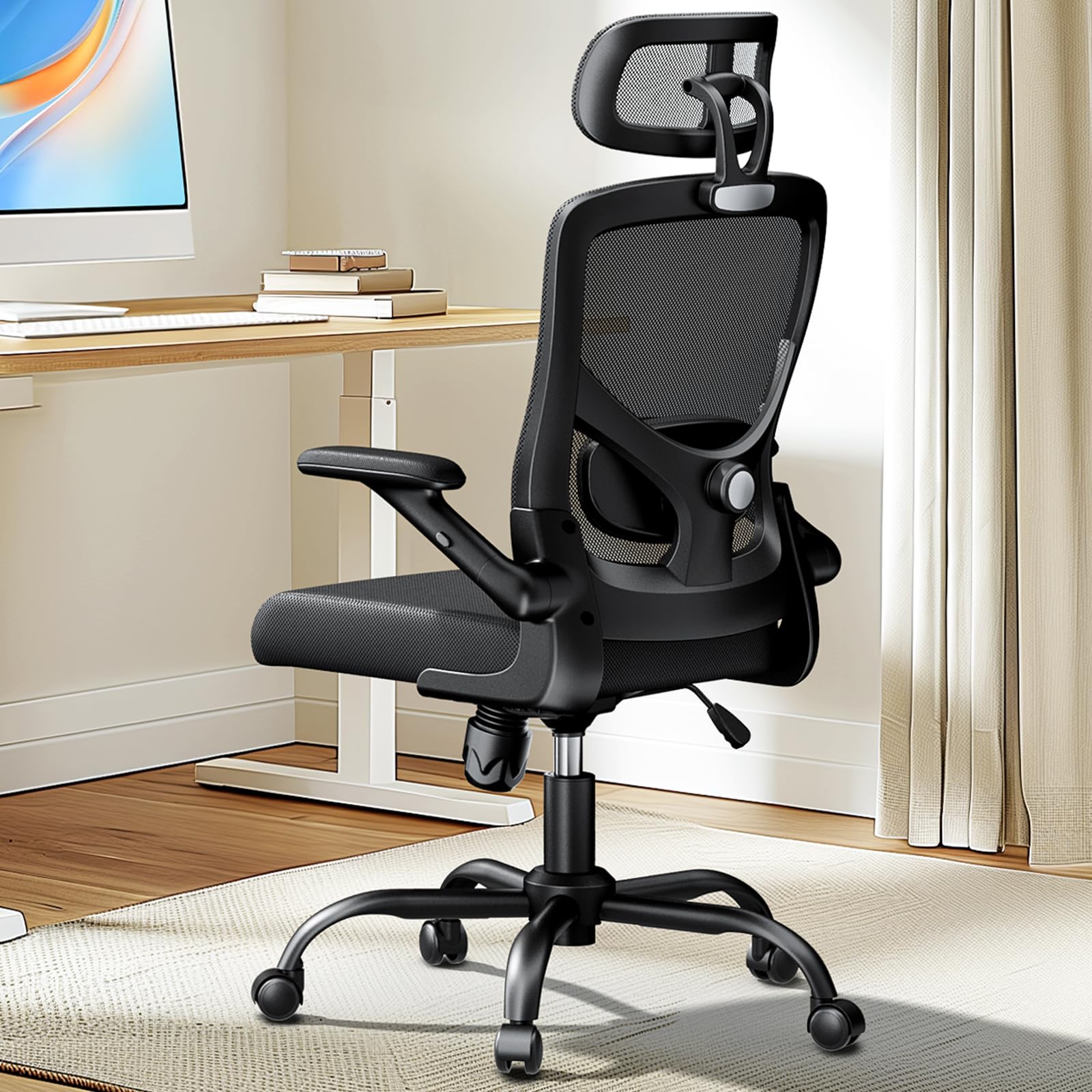 Marsail Ergonomic Mesh Office Chair - High Back Computer Desk Chair with Adjustable Lumbar Support & Headrest, Flip-Up Arms, Swivel Base - Perfect for Big and Tall Professionals - Ideal for Home Office, Gaming, and Long Work Sessions