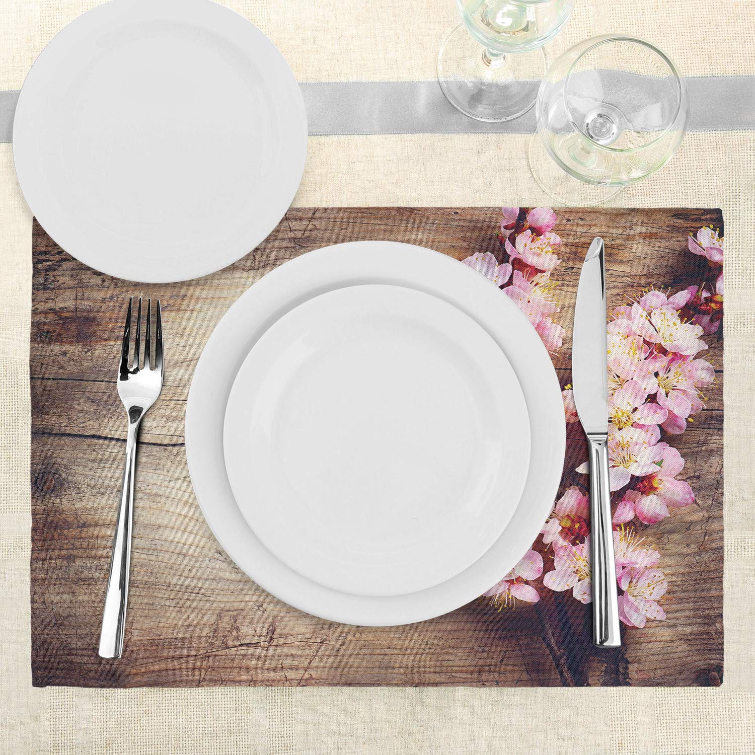 Ambesonne Floral Place Mats Set of 4 - Spring Blossom Farmhouse Style Washable Fabric Placemats for Dining Table, Brown & Pink, Standard Size - Perfect for Countryside Decor, Romantic Dinners & Spring Table Settings