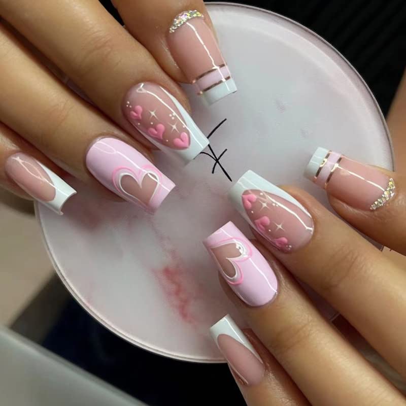 Valentine's Day Press on Nails - Medium Coffin French Fake Nails with Heart Rhinestone Designs - 24PCS Full Cover Acrylic Stick on Nails for Women - Perfect for Date Night, Bridal Shower & Romantic Occasions