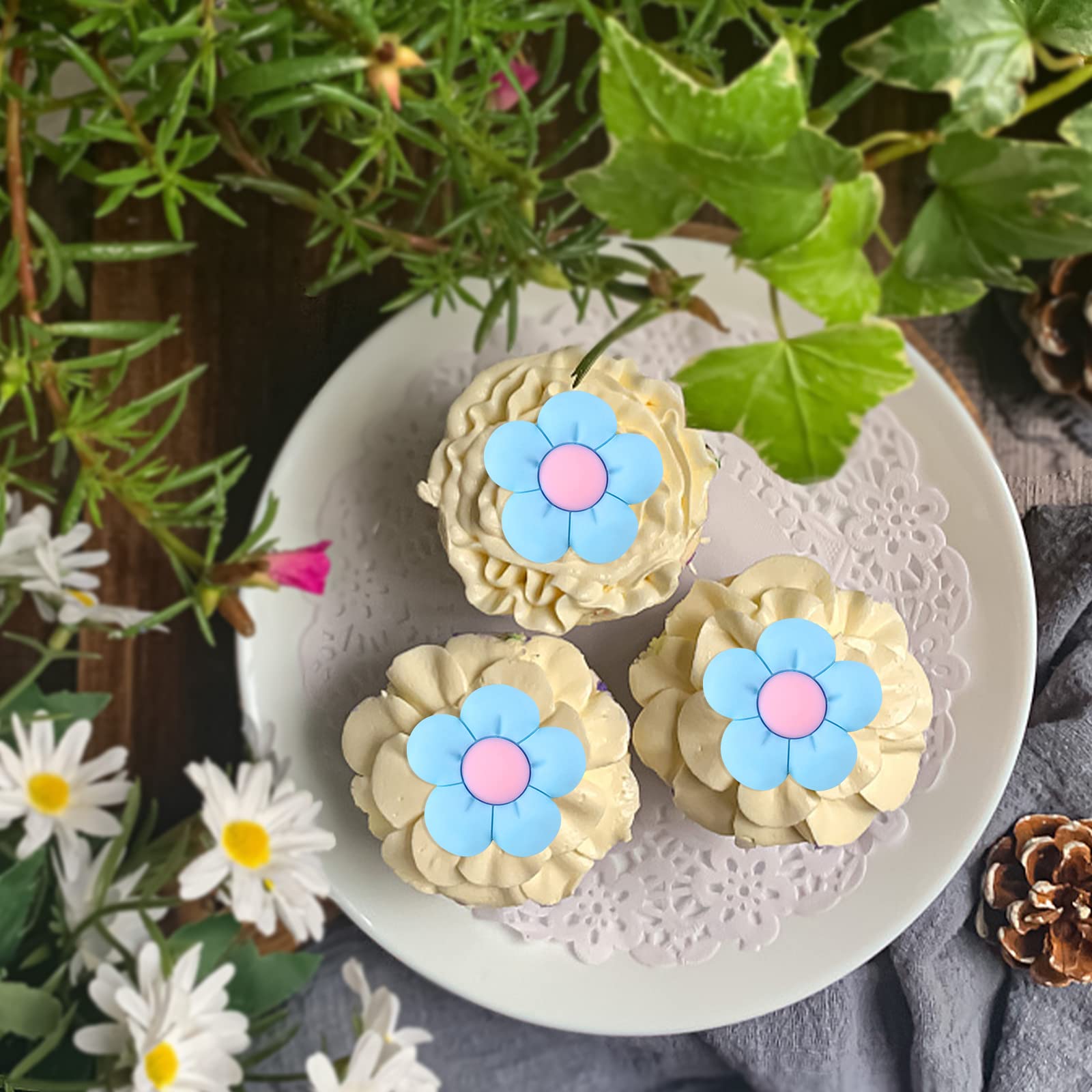 25 Pack Sunflower Cupcake Toppers - Floral Party Decorations for Birthday, Baby Shower & Wedding - Blue Flower Cupcake Picks for Baking, Cake Decorating & DIY Party Supplies