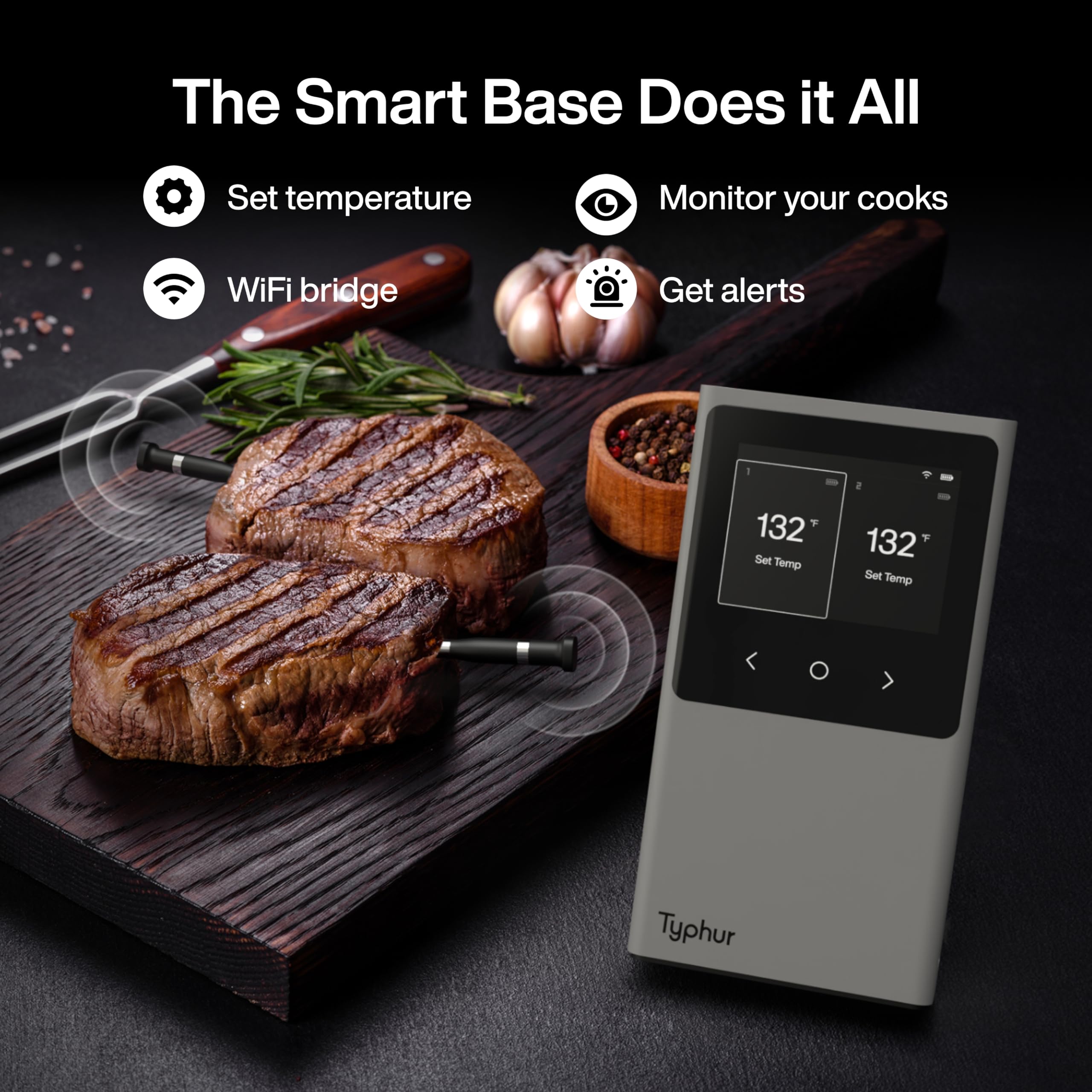 Typhur Sync Smart Wireless Meat Thermometer with 2 Probes & 6 Sensors - Bluetooth 5.4 & WiFi Monitoring | Waterproof Cooking Thermometer for BBQ, Grilling, Smoking, Baking | Perfect for Outdoor Cooking & Kitchen Use (Silver Gray)