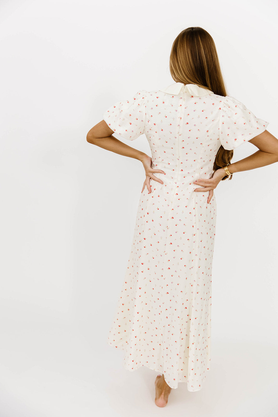 Florian Puff Sleeve Bow Front Collar Midi Dress - Elegant Cream Floral Print Summer Dress for Women | Perfect for Weddings, Garden Parties & Date Nights