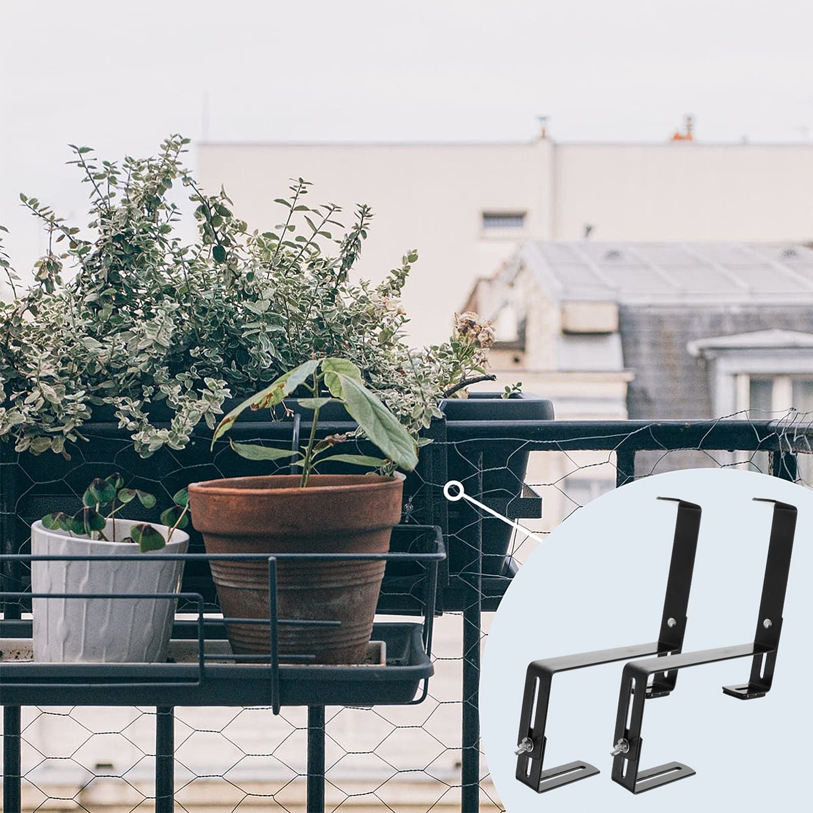Adjustable Flower Stand Hanger - 1 Pair Iron Plant Brackets for Window, Deck & Wall - Black Flower Pot Shelf for Hanging Plants, Blinds & Home Decor (Ideal for Indoor/Outdoor Gardening & Space Saving)