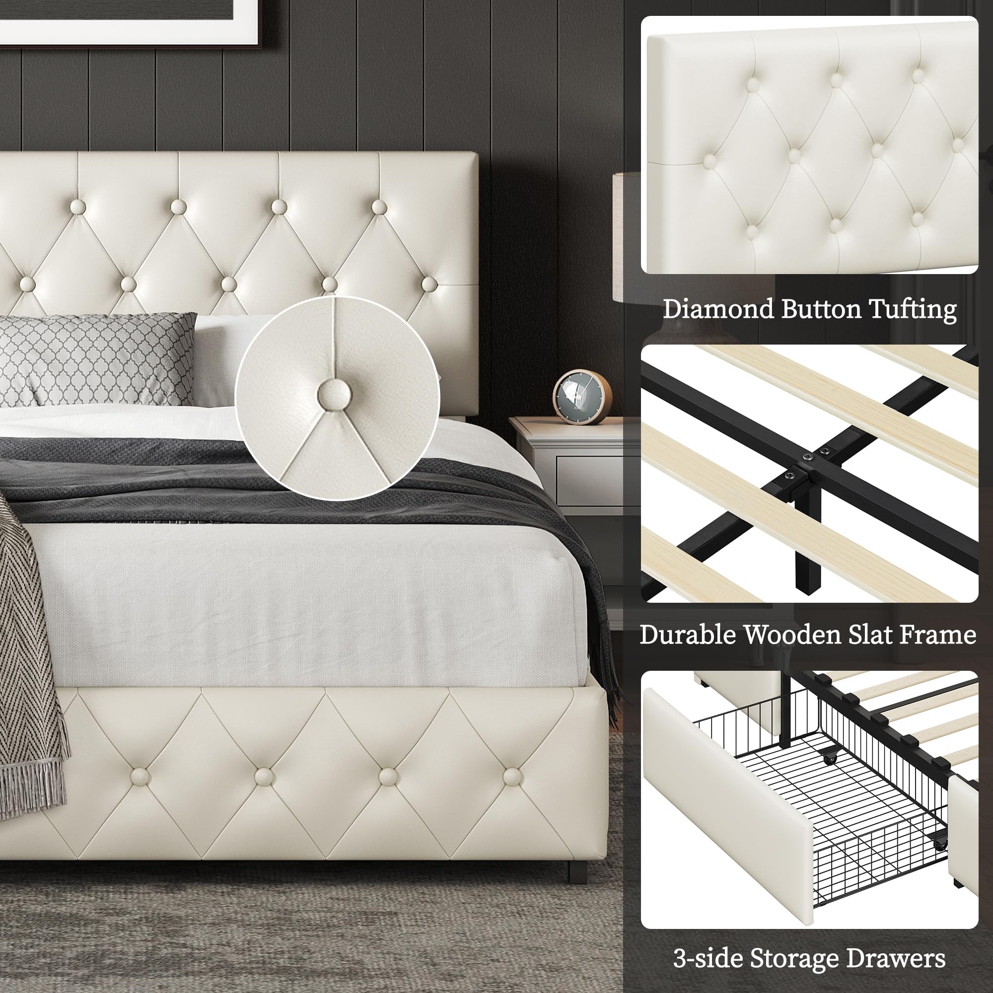 Yaheetech Queen Upholstered Bed Frame with Adjustable Diamond Button-Tufted Headboard & 3 Storage Drawers - Sturdy Wood Slat Support, Beige Platform Bed for Bedroom, Guest Room or Dorm