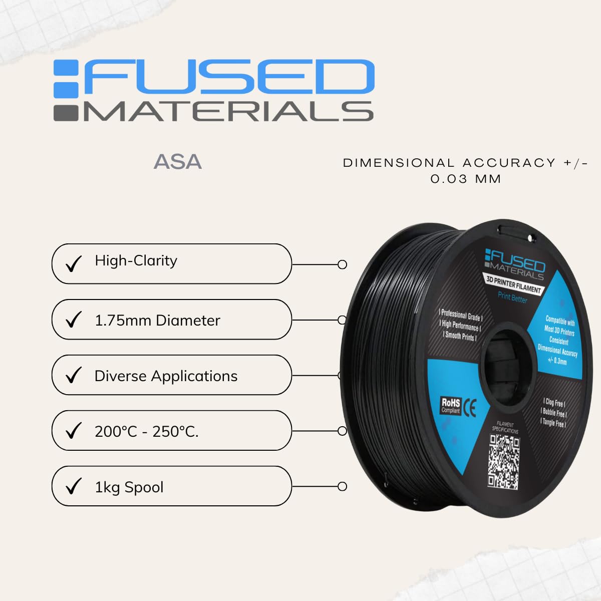 Premium Black ASA 3D Printer Filament - 1kg Spool, 1.75mm Diameter, High Precision +/- 0.03mm, UV & Weather Resistant - Ideal for Outdoor 3D Printing, Automotive Parts & Functional Prototypes