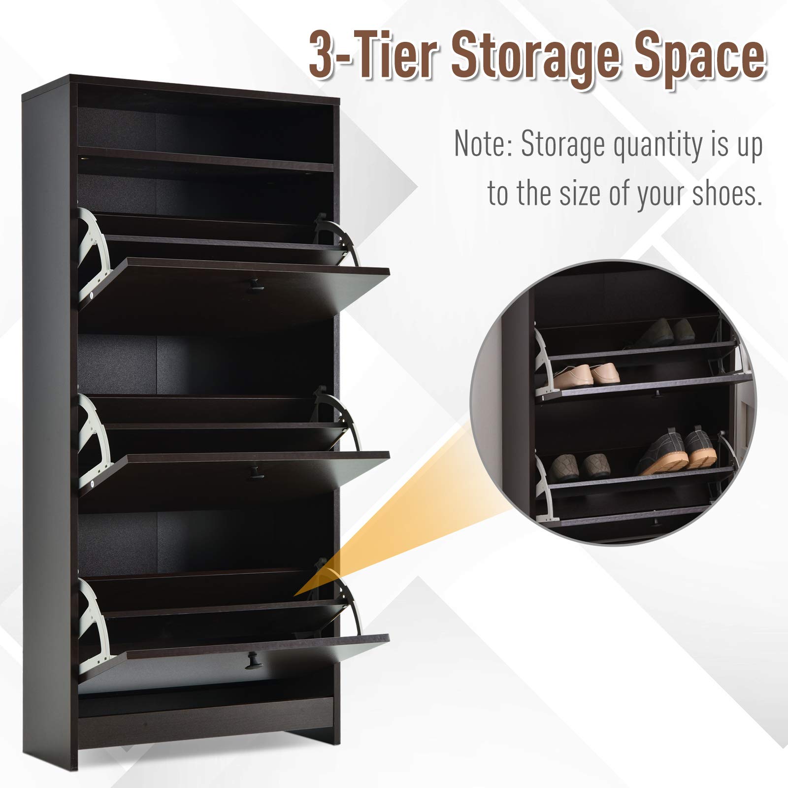 HOMCOM Slim Shoe Storage Cabinet with 3 Large Fold-Out Drawers & Spacious Top Surface - Modern Espresso Shoe Organizer for Entryway, Closet, or Bedroom - Perfect for Small Space Shoe Storage & Home Organization