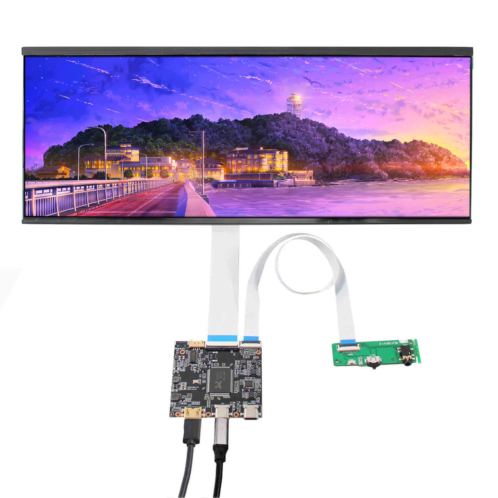 VSDISPLAY 12.3 Inch 2400x900 2K IPS LCD Wide Bar Screen with USB Type C & Mini HDMI Controller Board - High Resolution Gaming Marquee Monitor & Car Gauge Display for Arcade Machines, Racing Simulators & Automotive Dashboards