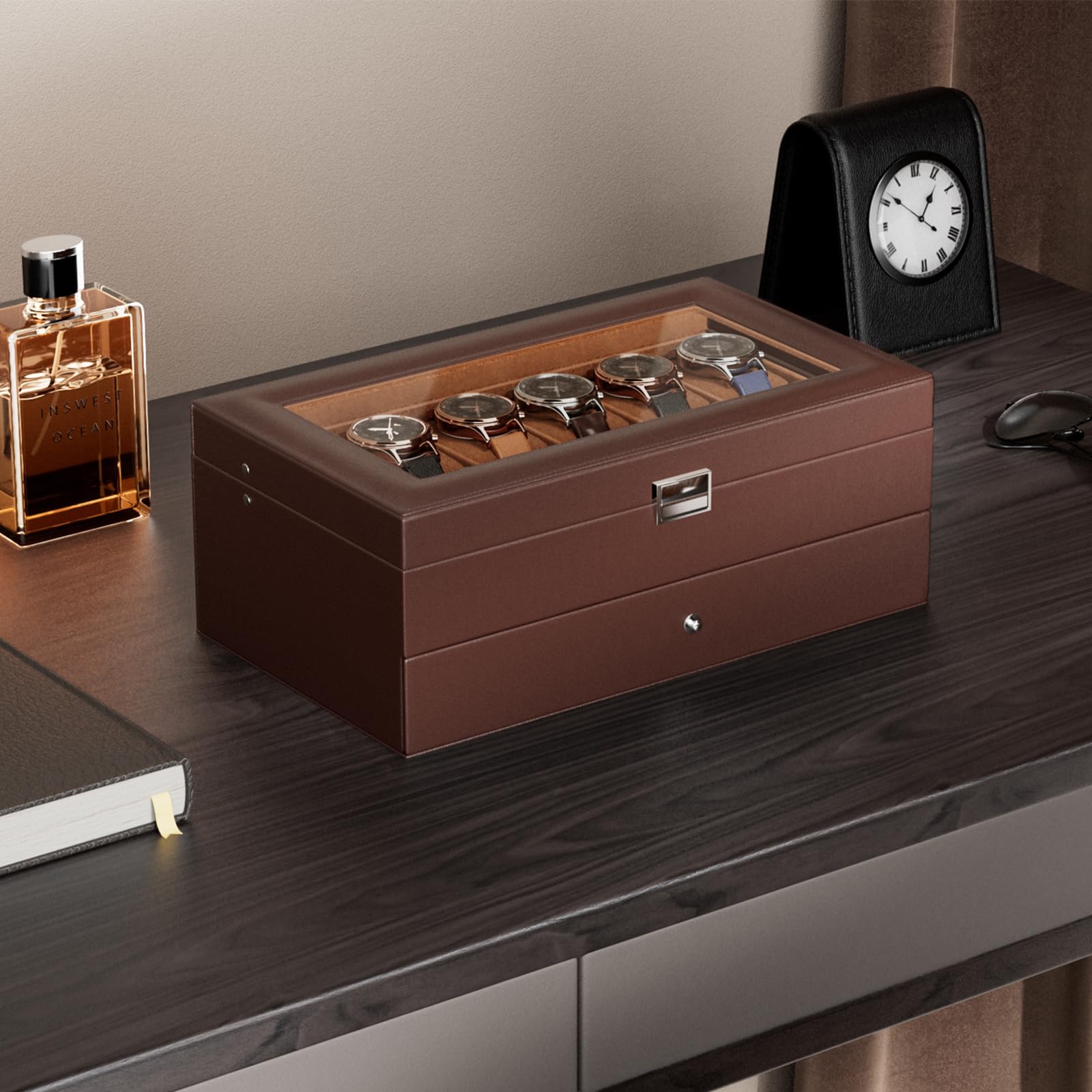 ProCase 12-Slot Watch Box for Men & Women - 2-Layer Watch Organizer with Glass Lid & Drawer - Jewelry & Watch Storage Case (Espresso) - Perfect for Watch Collectors & Gift Giving