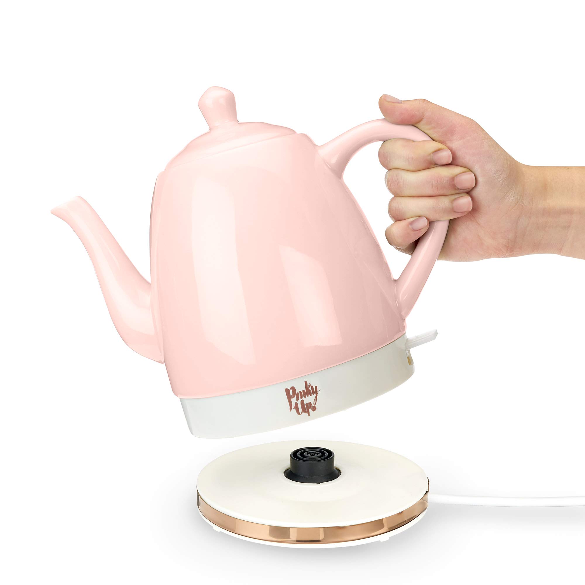 Pinky Up Noelle 1.5L Electric Gooseneck Kettle - Pink Ceramic Tea Kettle with Rose Gold Accents, Fast Boiling Water Heater for Pour Over Coffee, French Press & Loose Leaf Tea - Perfect for Home, Office & Coffee Shop Use
