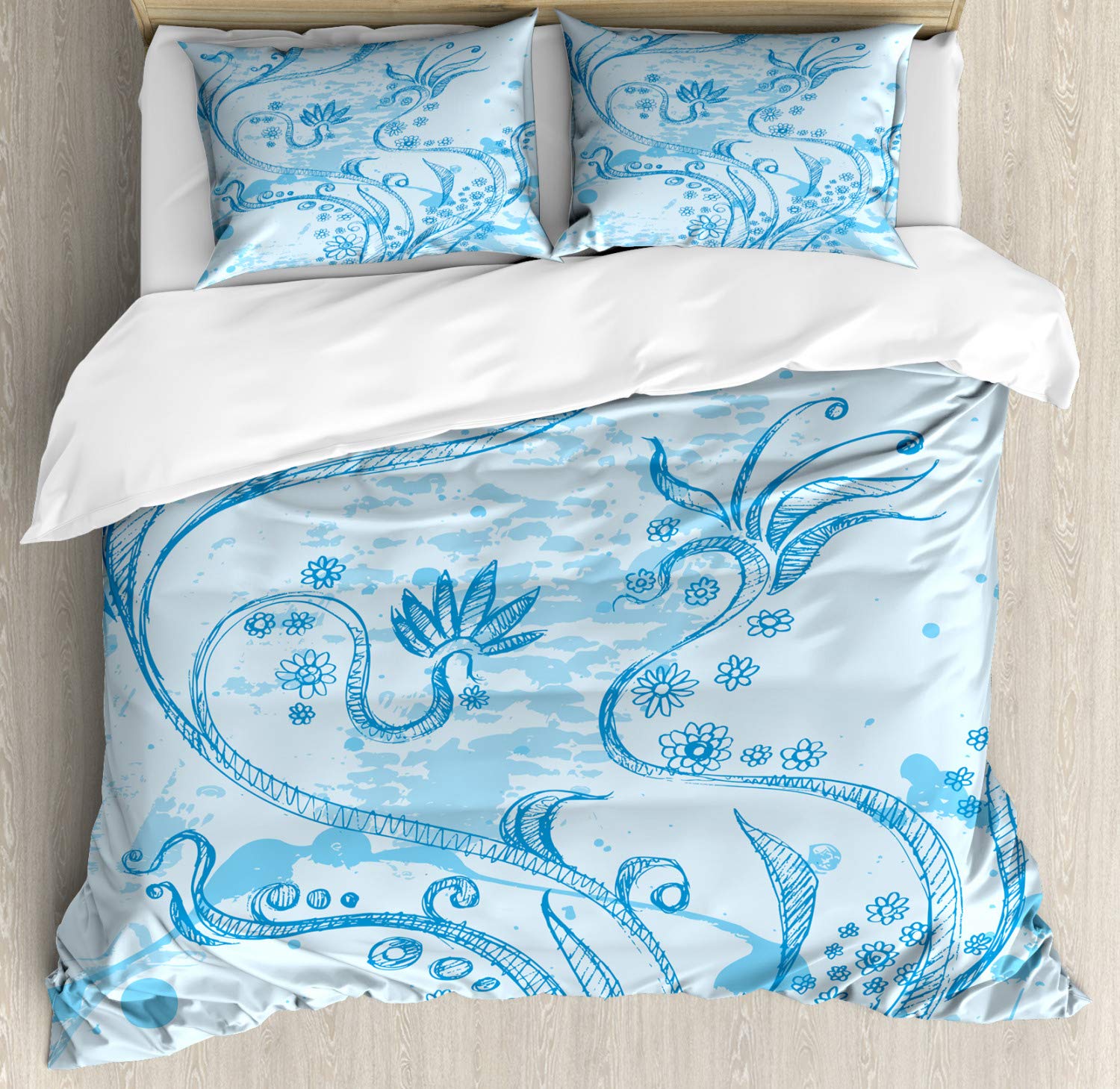 Ambesonne Floral Duvet Cover Set King Size - Monochromatic Hand-Sketched Flowers on Grunge Background, 3-Piece Bedding with 2 Pillow Shams in Pale Blue | Perfect for Bohemian Bedroom Decor, Guest Room Makeover & Cozy Home Styling