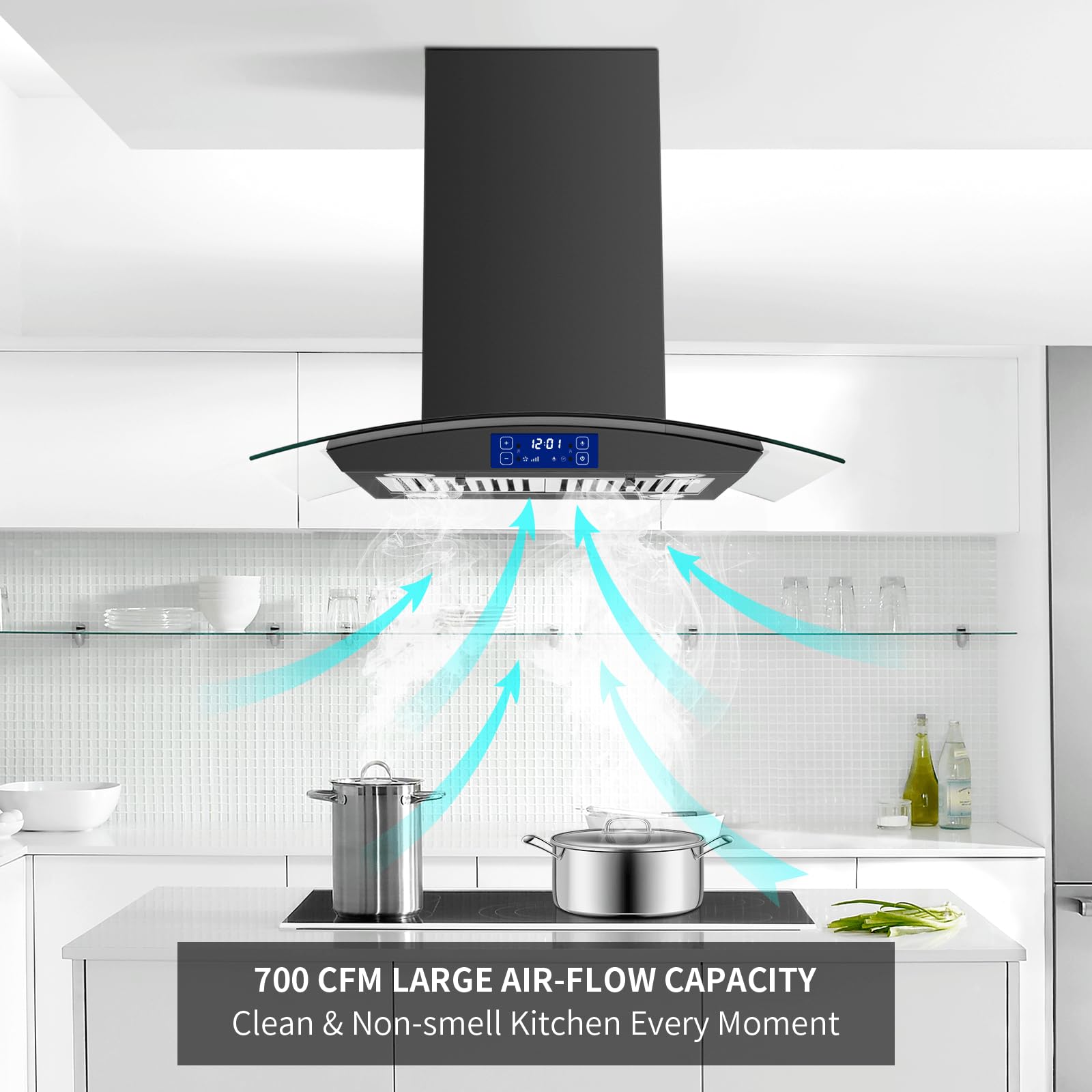 30 Inch Black Stainless Steel Island Range Hood 700CFM - Touch & Gesture Control, Convertible Kitchen Exhaust Fan with Tempered Glass, LED Lights & Permanent Baffle Filters | Modern Ceiling Mount Vent Hood for Open Kitchen & Restaurant Style Cooking