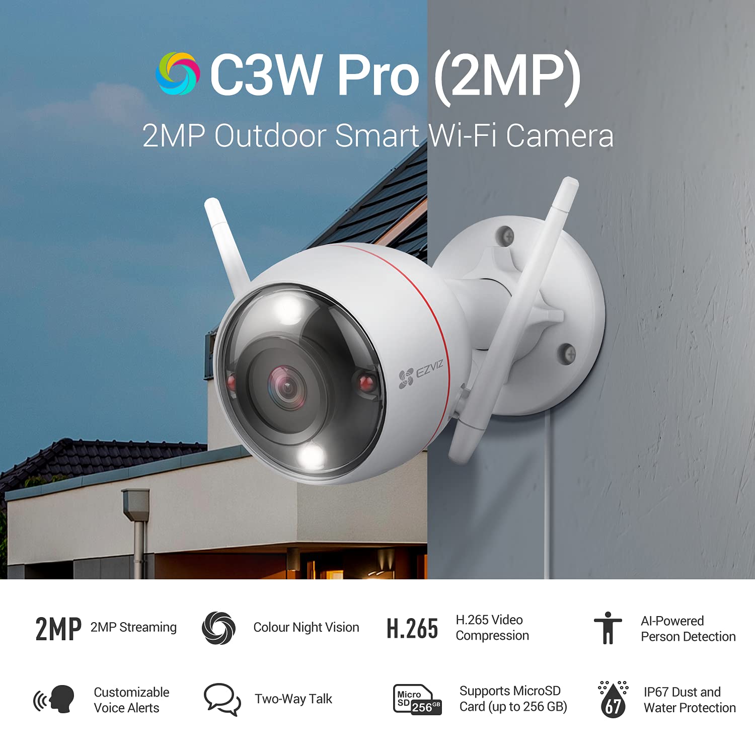 EZVIZ C3W Pro Outdoor WiFi Security Camera - 1080P HD, IP67 Waterproof, Color Night Vision, AI Person Detection, 2-Way Audio, Motion Alerts, H.265 Compression | Ideal for Home Security, Baby Monitoring & Pet Watching