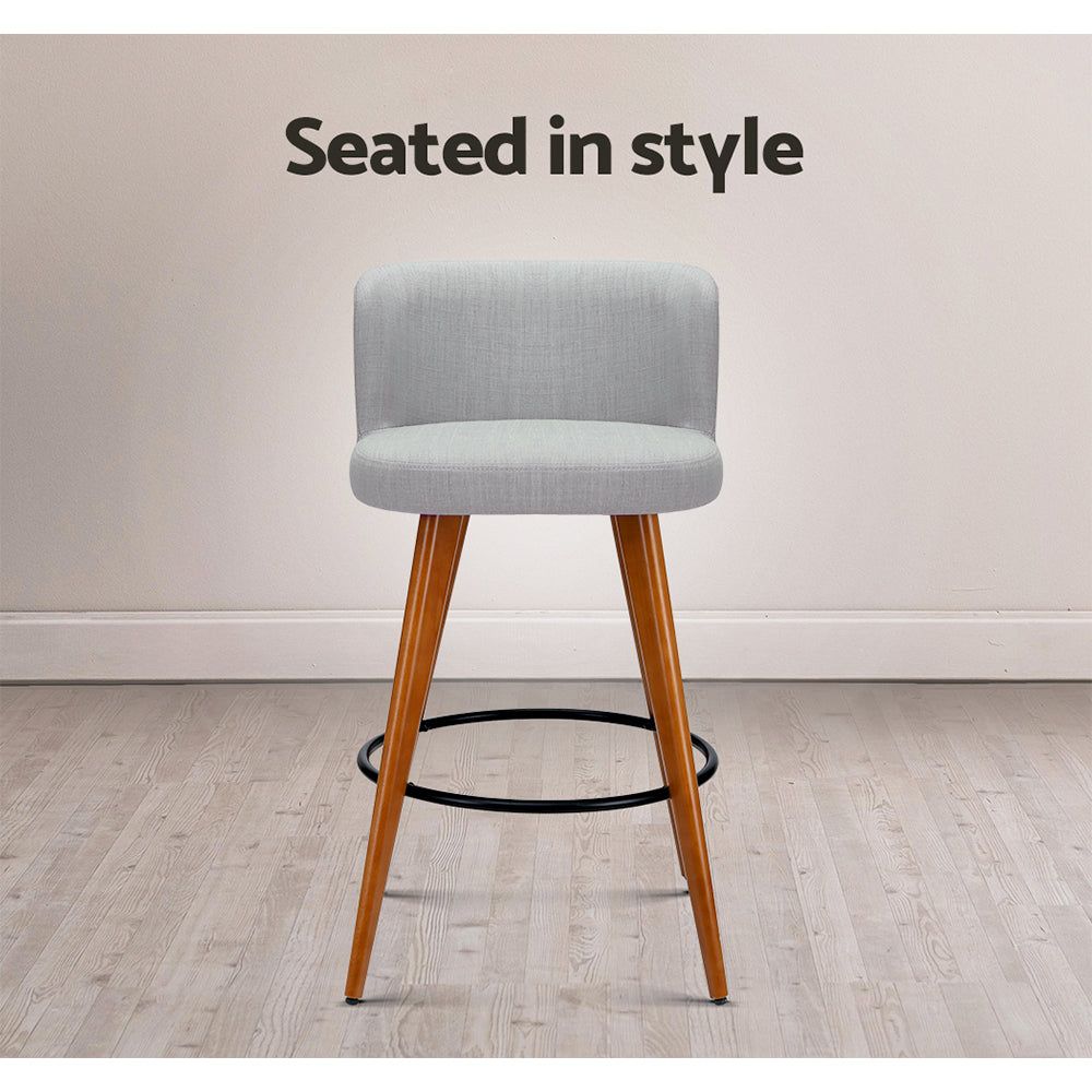 4 Bar Stools with Linen Padded Seats - Solid Wood Frame in Grey - Perfect for Kitchen Island, Breakfast Nook & Home Bar Decor