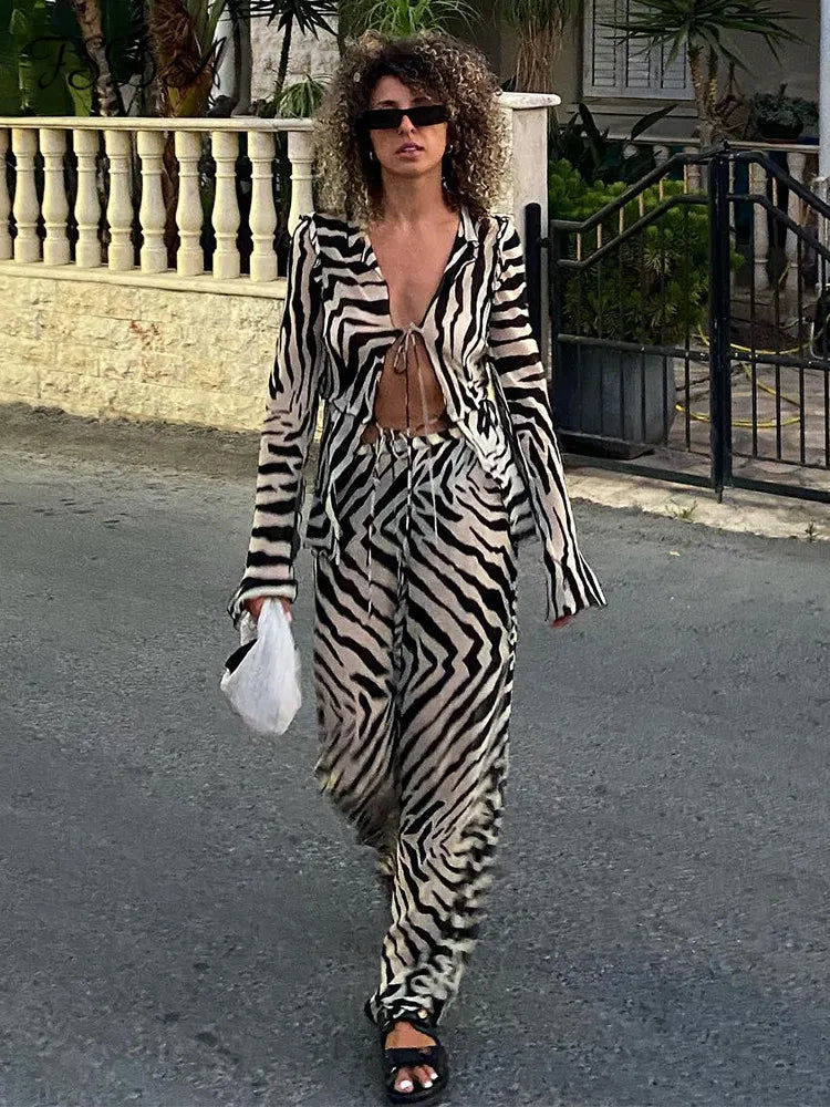 FSDA 2022 Women's Y2K Print Tracksuit Set - Sexy Long Sleeve Top & Bandage Pants Two Piece Outfit for Casual Wear, Party & Club Fashion | Trendy Streetwear & Night Out Looks