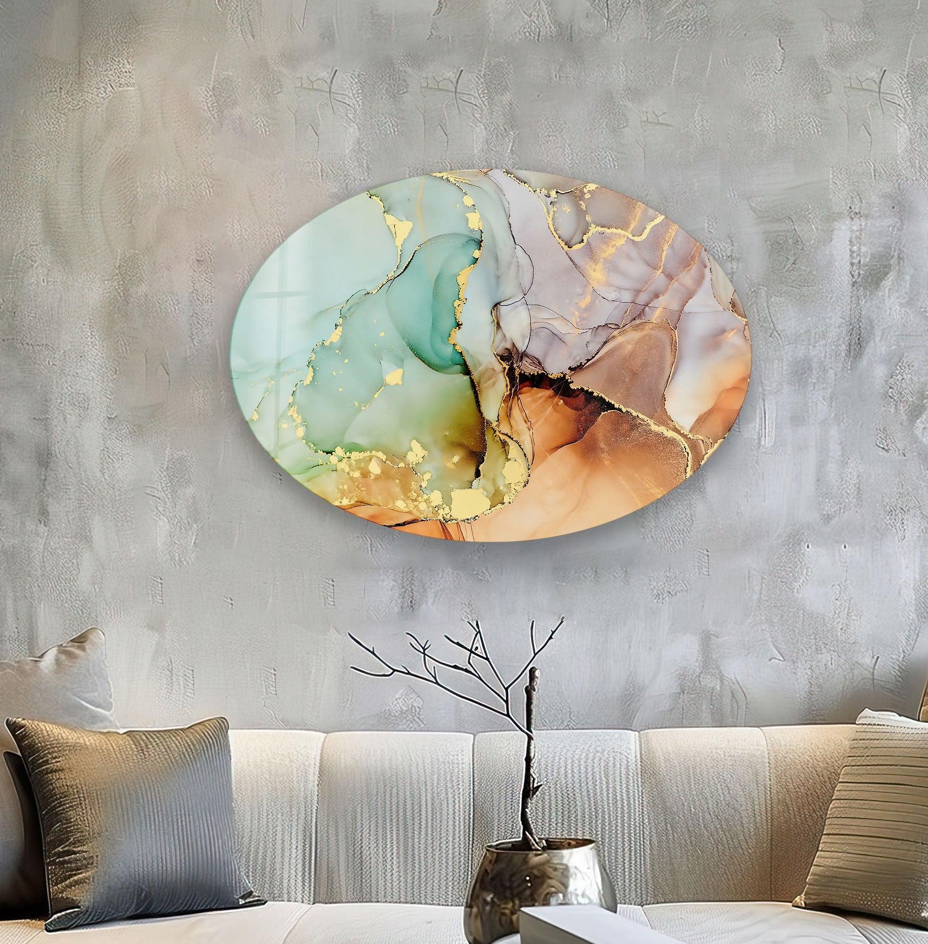 Abstract Golden Marble Glass Wall Art - Modern Asymmetric Oval Design for Living Room, Bedroom & Office Decor | Handmade Contemporary Home Wall Decor