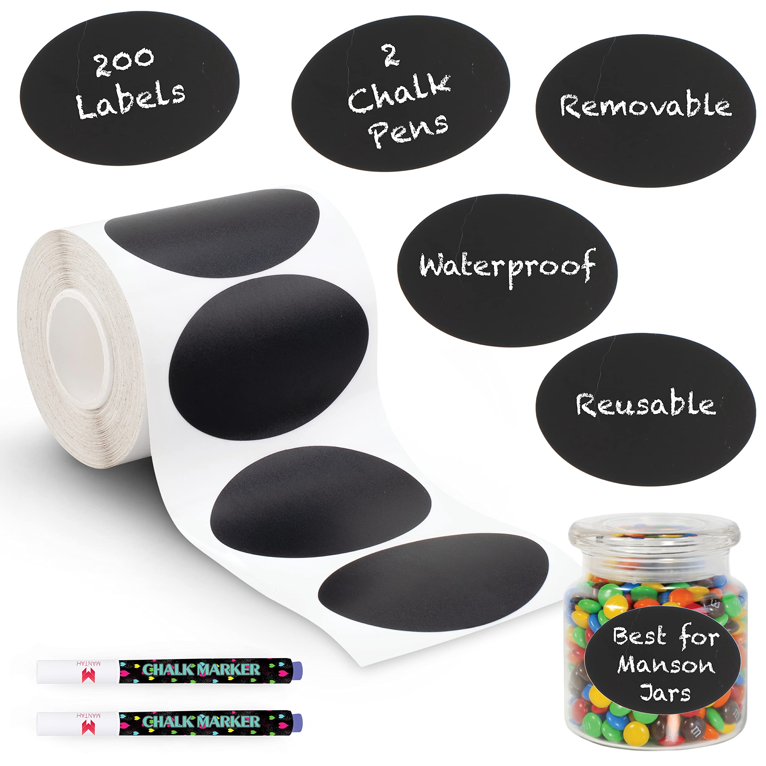 Reusable Waterproof Oval Chalkboard Labels 200pcs with 2 White Chalk Markers - Perfect for Storage Bins, Food Containers, Jars & Organizing Pantry, Kitchen, Office or Classroom Supplies