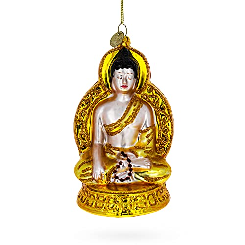Handmade Blown Glass Golden Buddha Christmas Ornament - Elegant Holiday Decor for Tree, Home, and Festive Gifting