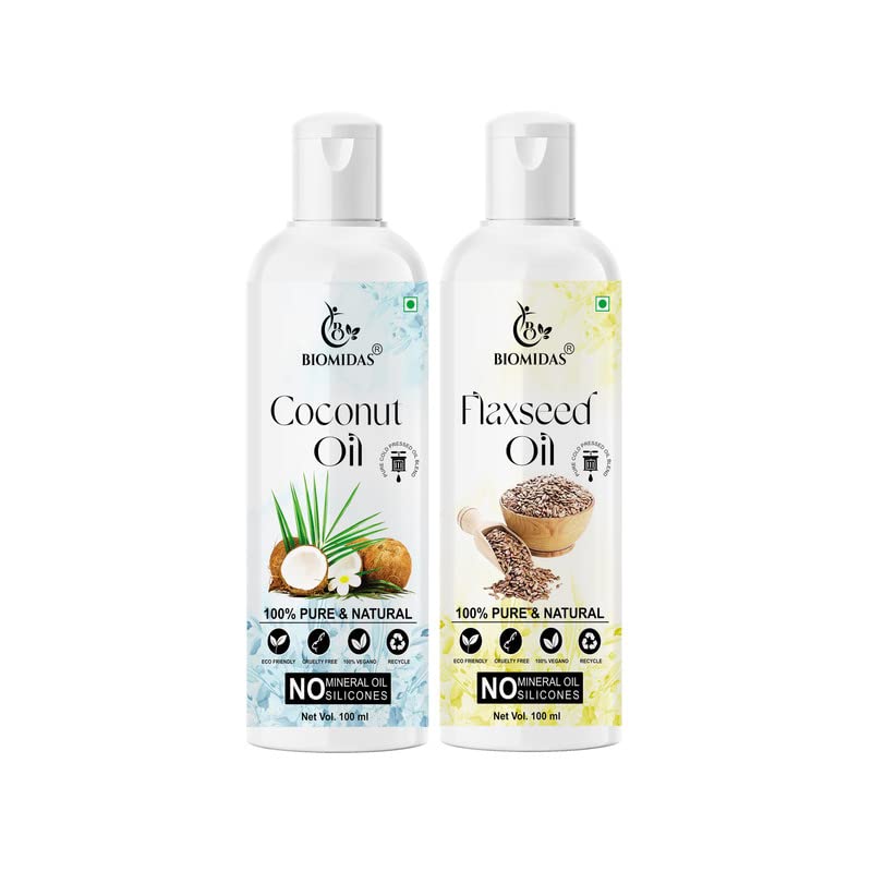 Biomidas 100% Pure Coconut Oil & Flaxseed Oil Combo (100ML Each) - Promotes Rapid Hair Growth, Reduces Hair Fall & Split Ends for Softer, Shinier Hair - Pack of 2 - Perfect for Daily Hair Care & Scalp Treatment