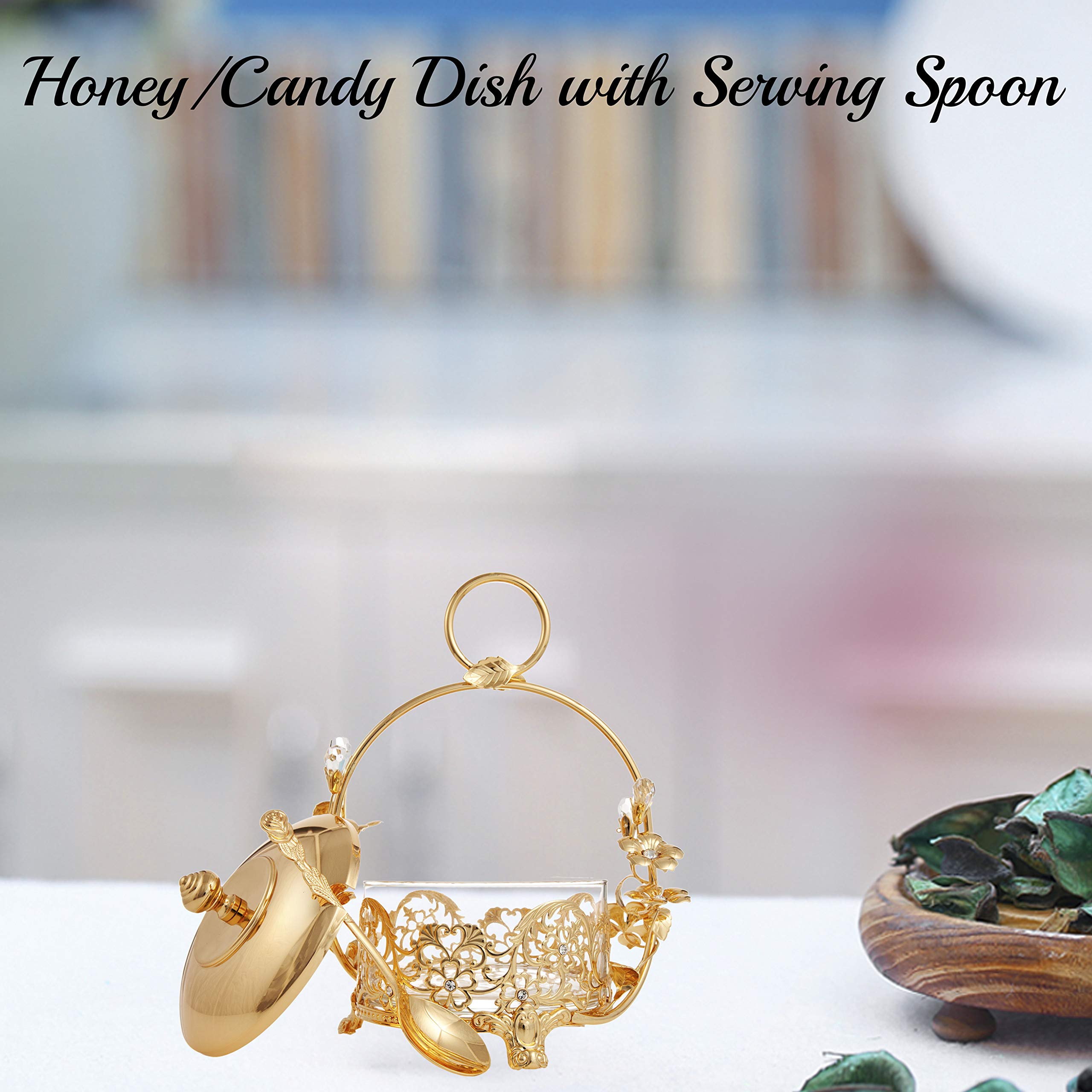 24K Gold Plated Crystal Studded Honey Candy Dish with Rose Accents - Elegant Home Decor for Christmas, Anniversary, Housewarming & New Year Gifts | Perfect for Dining Table, Kitchen Counter & Party Dessert Display