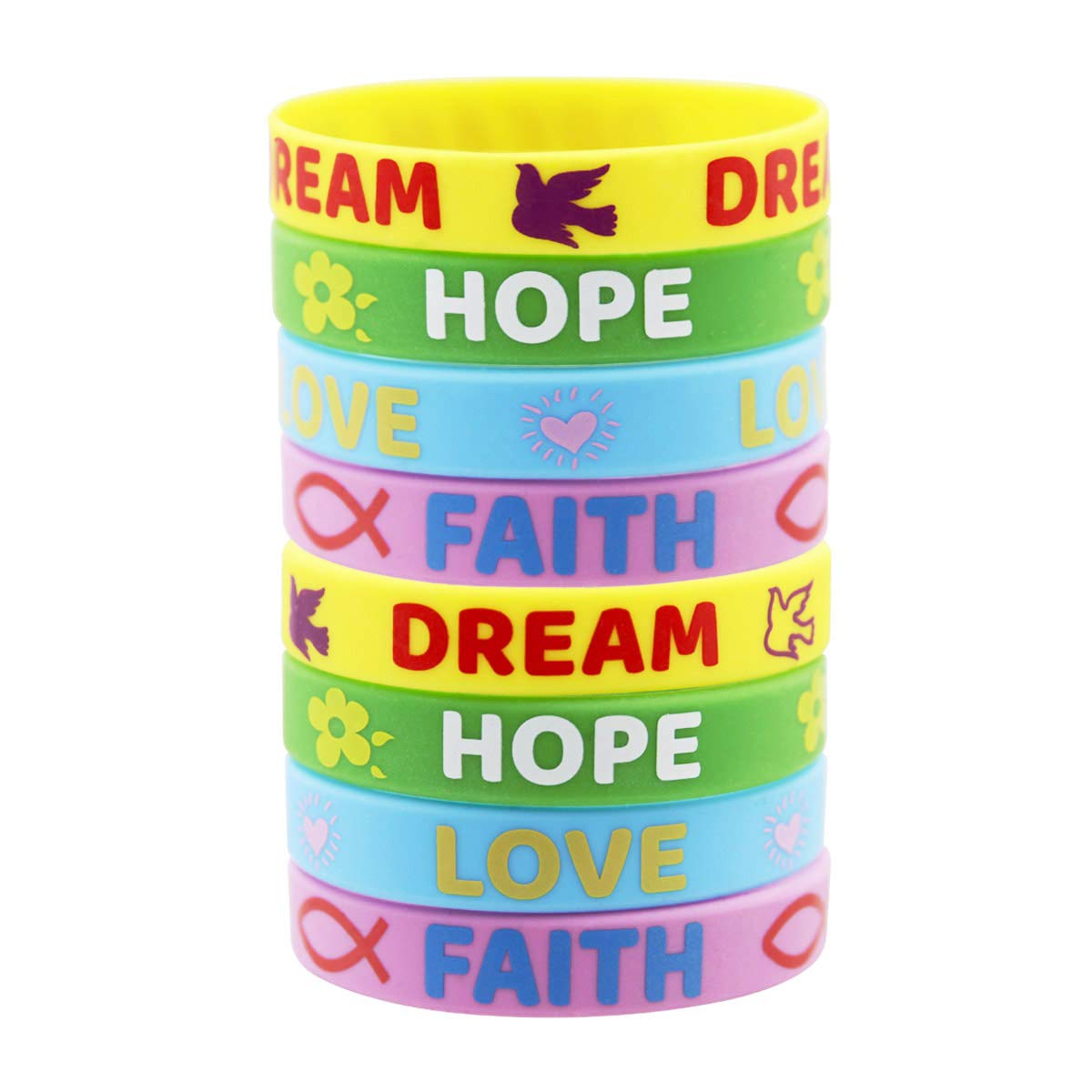 24 Inspirational Rubber Bracelets for Kids - Motivational Sayings (Faith, Hope, Love, Dream) - Easter Wristbands for Girls & Boys - Perfect for Easter Gifts, Party Favors & Sunday School Rewards