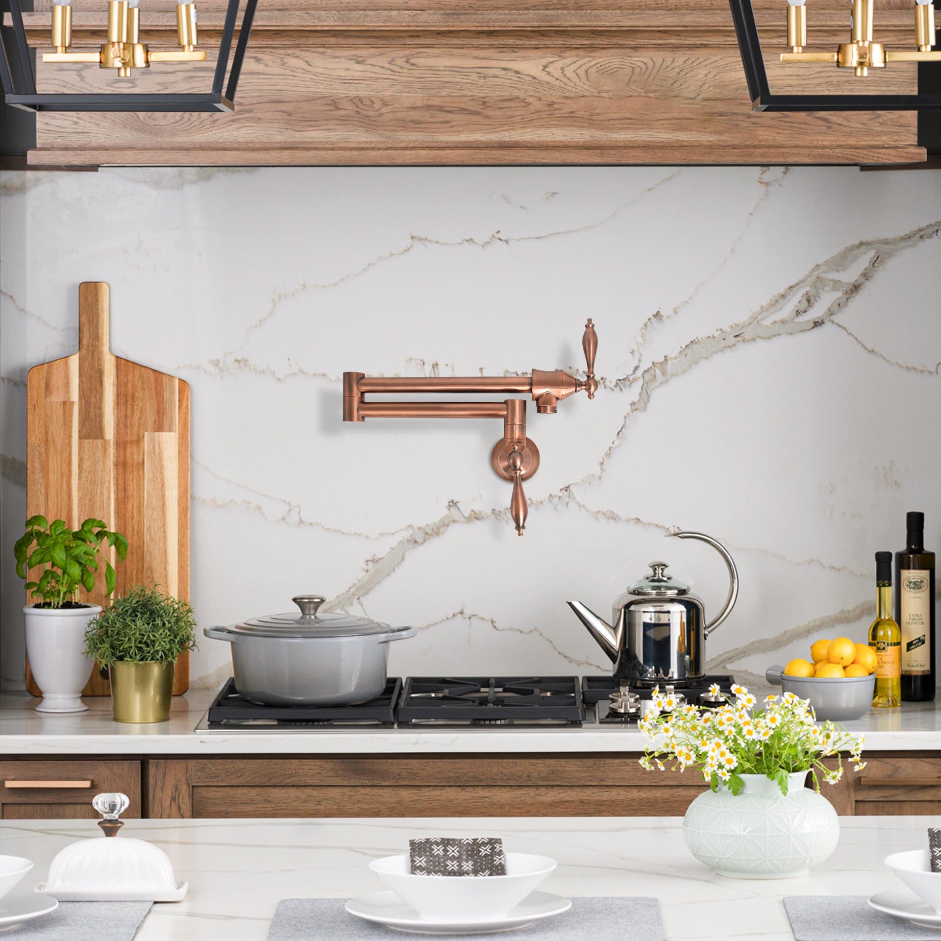 SINDA Wall Mount Pot Filler Kitchen Faucet - Solid Brass Swing Arm Folding Faucet with Double Joint & Two Handles, Brushed Copper Finish - Perfect for Filling Large Pots & Pans in Commercial Kitchens & Home Cooking Stations