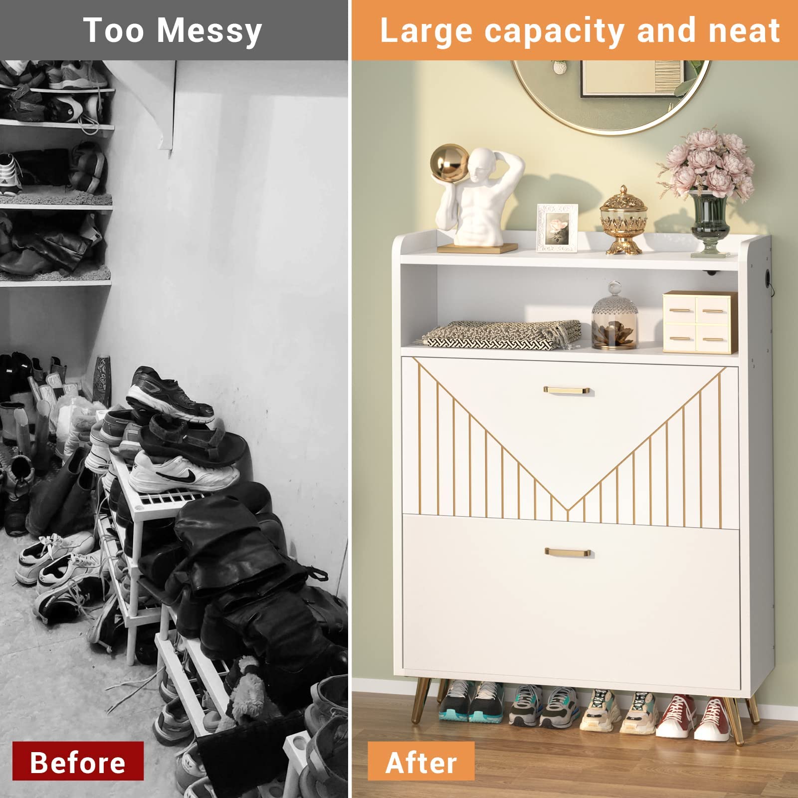 Aheaplus Shoe Cabinet with Flip Doors - Motion Sensor LED Shoe Storage Organizer, Freestanding Wooden Entryway Shoe Rack with Open Shelves - Perfect for Closet, Living Room & Hallway Organization (White)