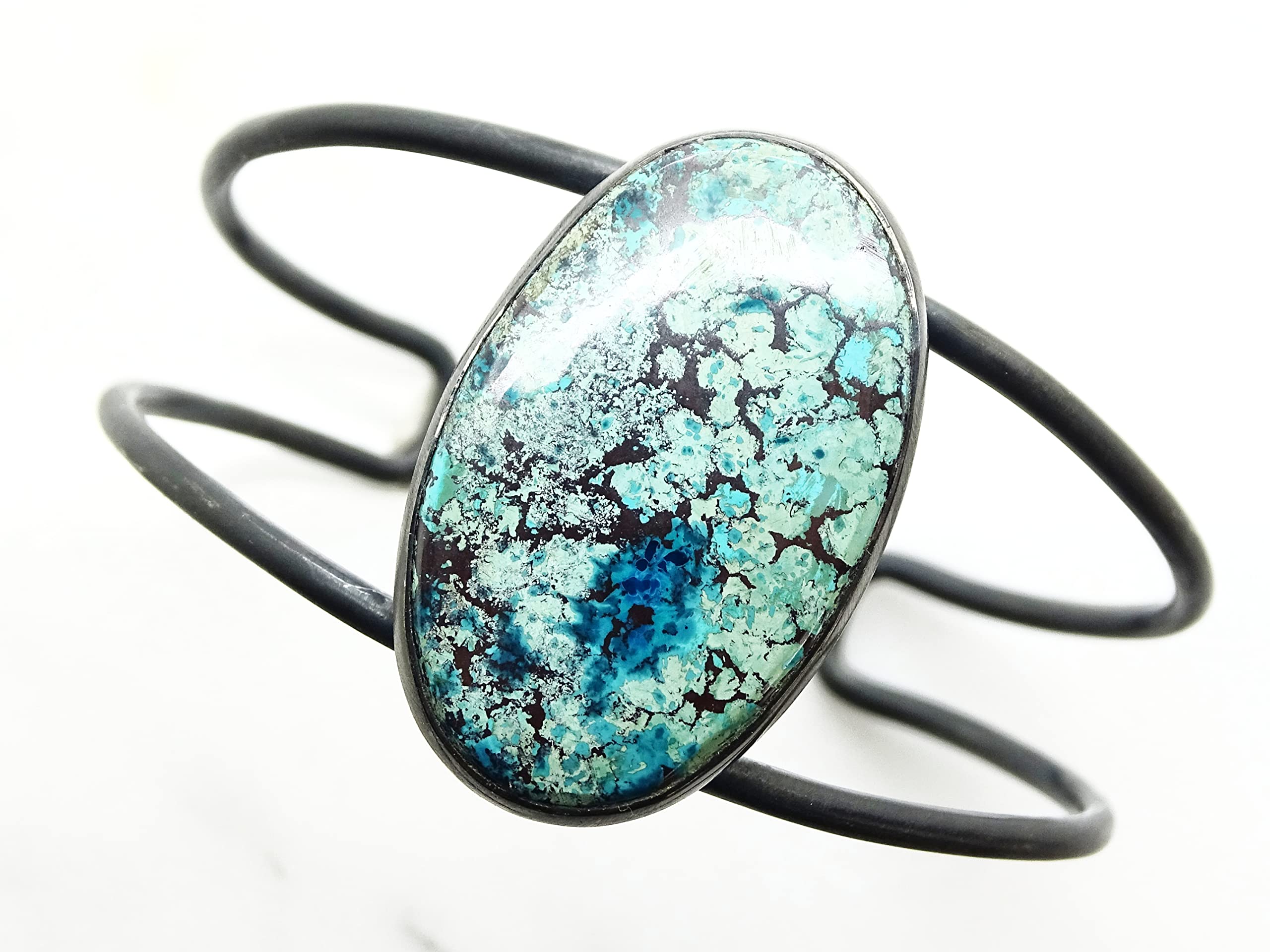 Turquoise Cuff Bracelet in Silver & Black - Handmade Southwestern Jewelry, Birthstone Gift for Wife | Perfect for Boho Fashion, Casual Wear & Special Occasions