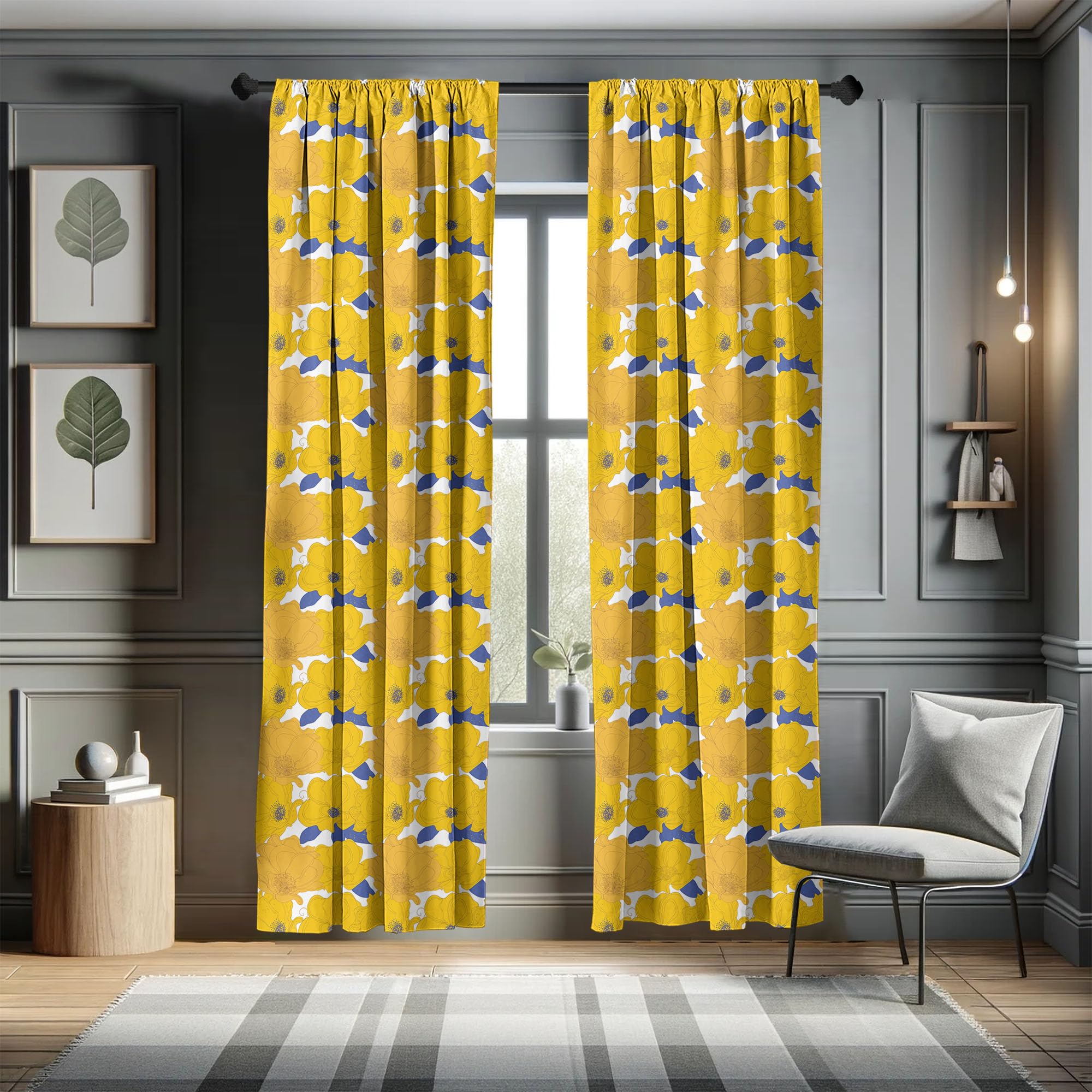 Ambesonne Floral Window Curtains Set of 2 - Hand Painted Blue Abstract Flower Design with Rod Pocket, Lightweight Sheer Panels 56x95 Inches - Perfect for Living Room, Bedroom & Nursery Decor (Orange Yellow)