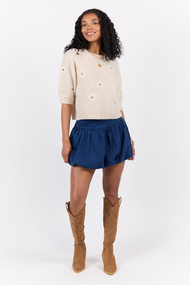 So Into You Women's Oatmeal Short Sleeve Floral Embroidered Sweater - Cozy Knit Pullover for Casual Outings & Fall Fashion