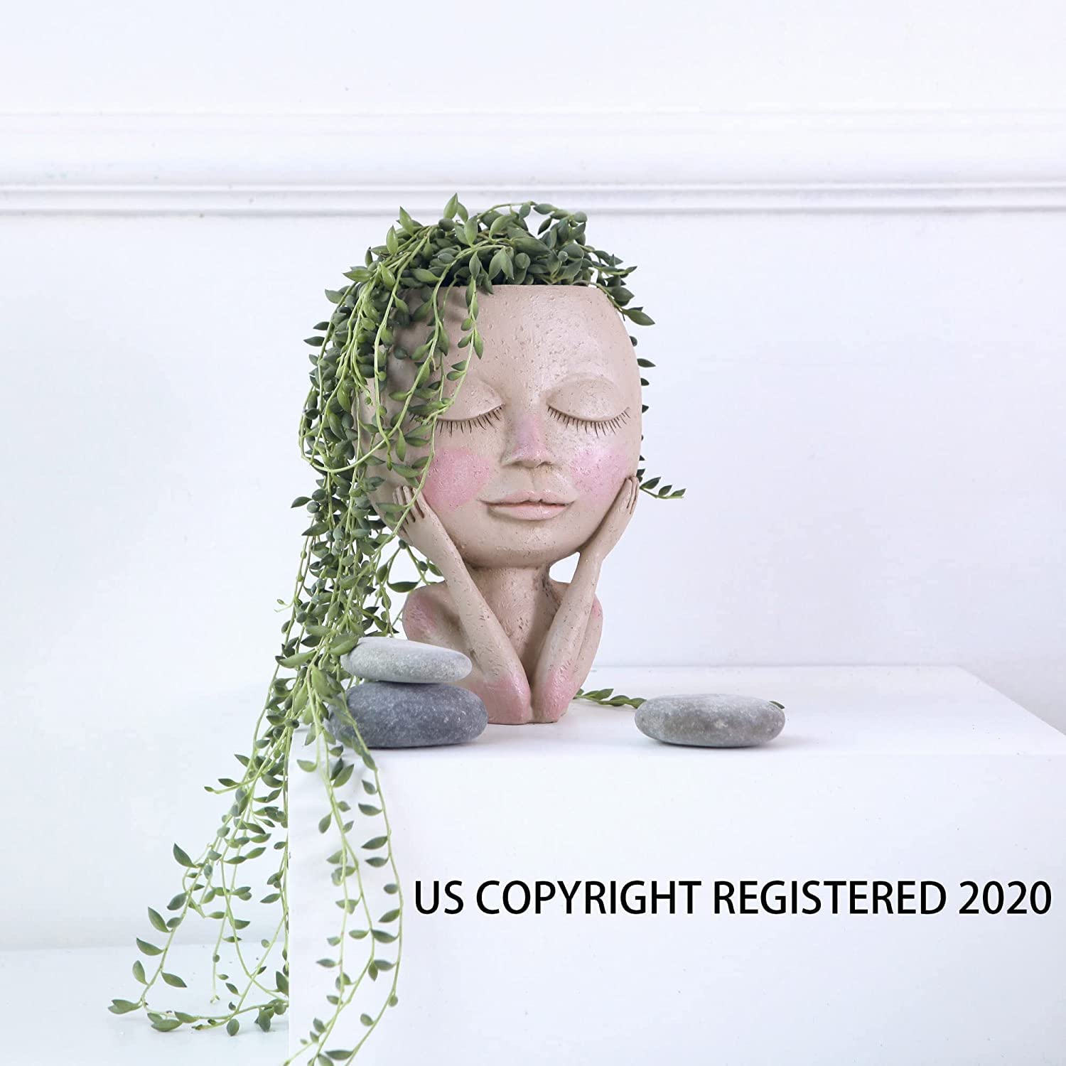 AIMMEBY Cute Resin Face Flower Pot Head Planter with Drainage Hole - Succulent & Cactus Planter for Home Decor, Office Desk, or Garden (Closed Eyes Design, Lightweight)