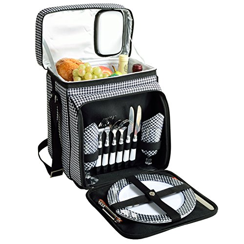 Two Person Picnic Backpack with Insulated Cooler Compartment - Houndstooth Design Outdoor Picnic Set for Couples, Hiking & Beach Dates