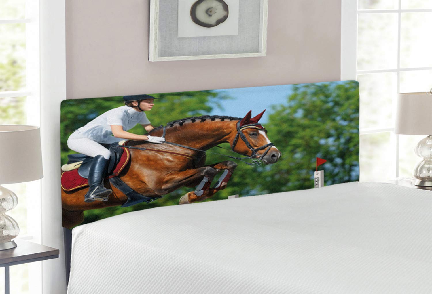 Lunarable Horse Print Headboard - Upholstered Decorative Metal Bed Frame with Memory Foam, Full Size, Multicolor Design Featuring Young Woman & Bay Horse Jumping Competition Scene | Perfect for Equestrian Bedroom Decor, Western Theme Rooms & Horse Lover's Home