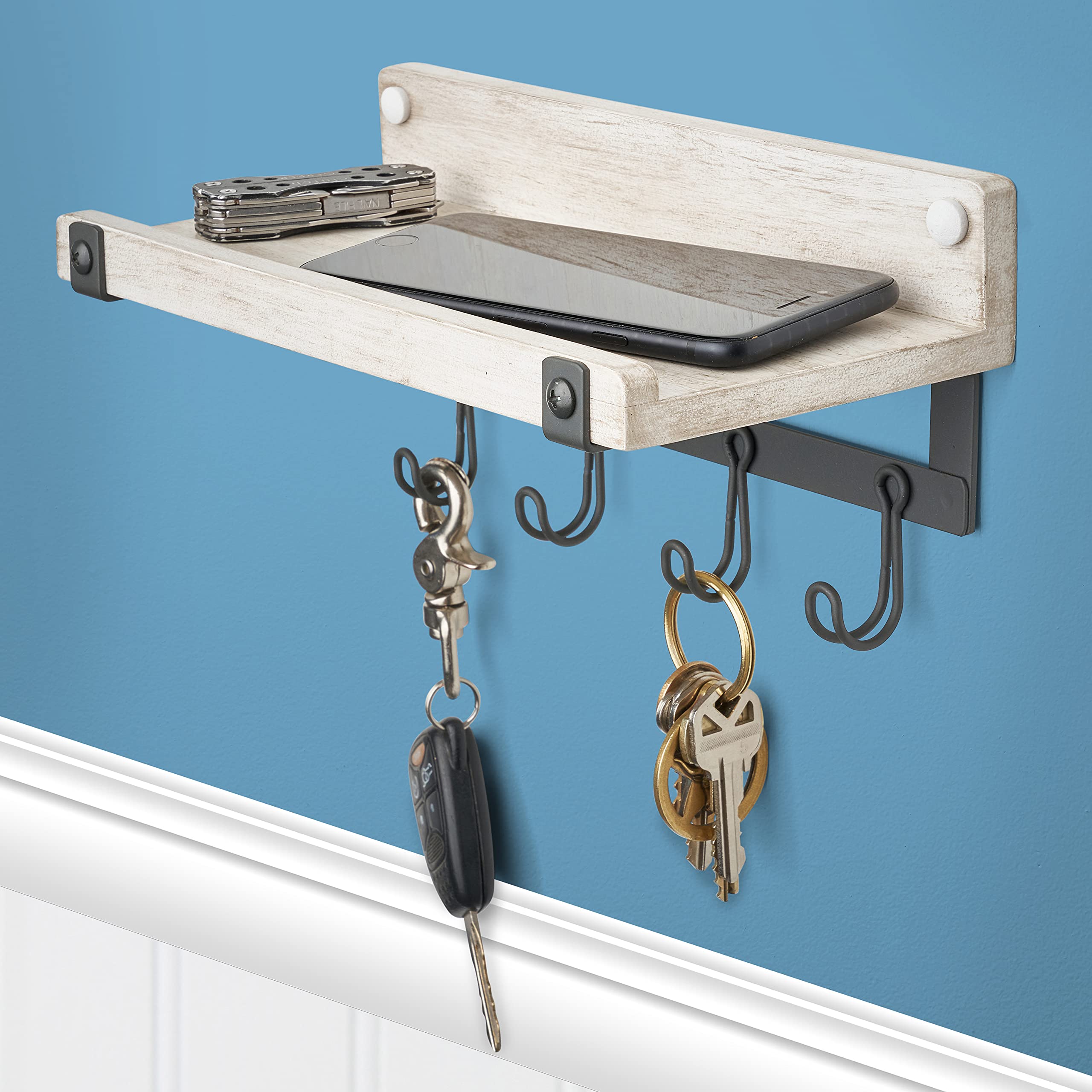 Spectrum Diversified Rowan™ Wall Mount Wood Valet & Hook Station - Entryway Storage Organizer for Keys, Hats & Coats | Perfect for Hallway, Mudroom & Closet Organization