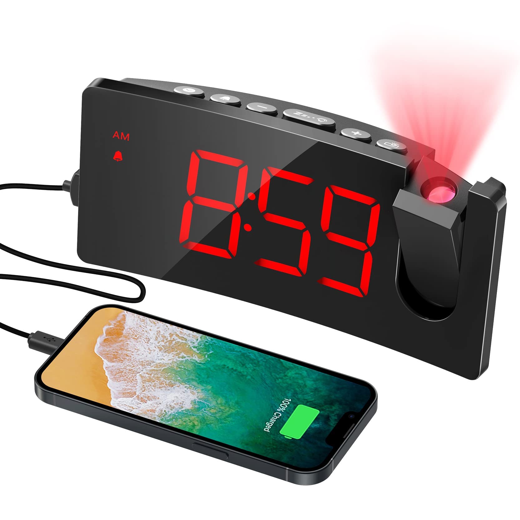 Smart Projection Alarm Clock with USB Charging Port - 5'' LED Curved Screen, 180° Rotation, 4 Dimmer Modes, Snooze Function - Perfect for Bedroom, Desk Decor & Teen Rooms (12/24H Digital Display)