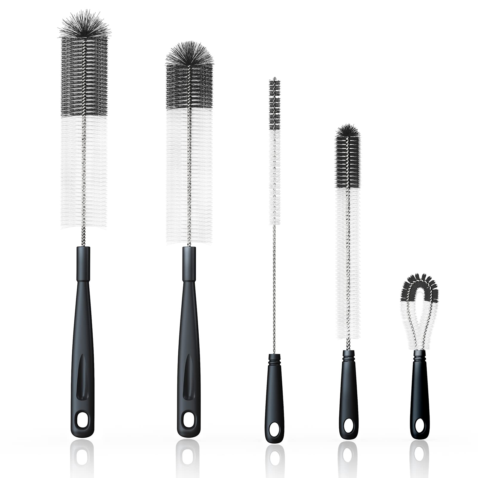 5-Pack Multipurpose Bottle Cleaning Brushes Set - Long Handle Brush for Wine, Beer, Thermos, S'Well & Sports Water Bottles - Includes Kettle Spout Brush and Straw Cleaner (Black) - Perfect for Home, Kitchen, Camping and Office Use