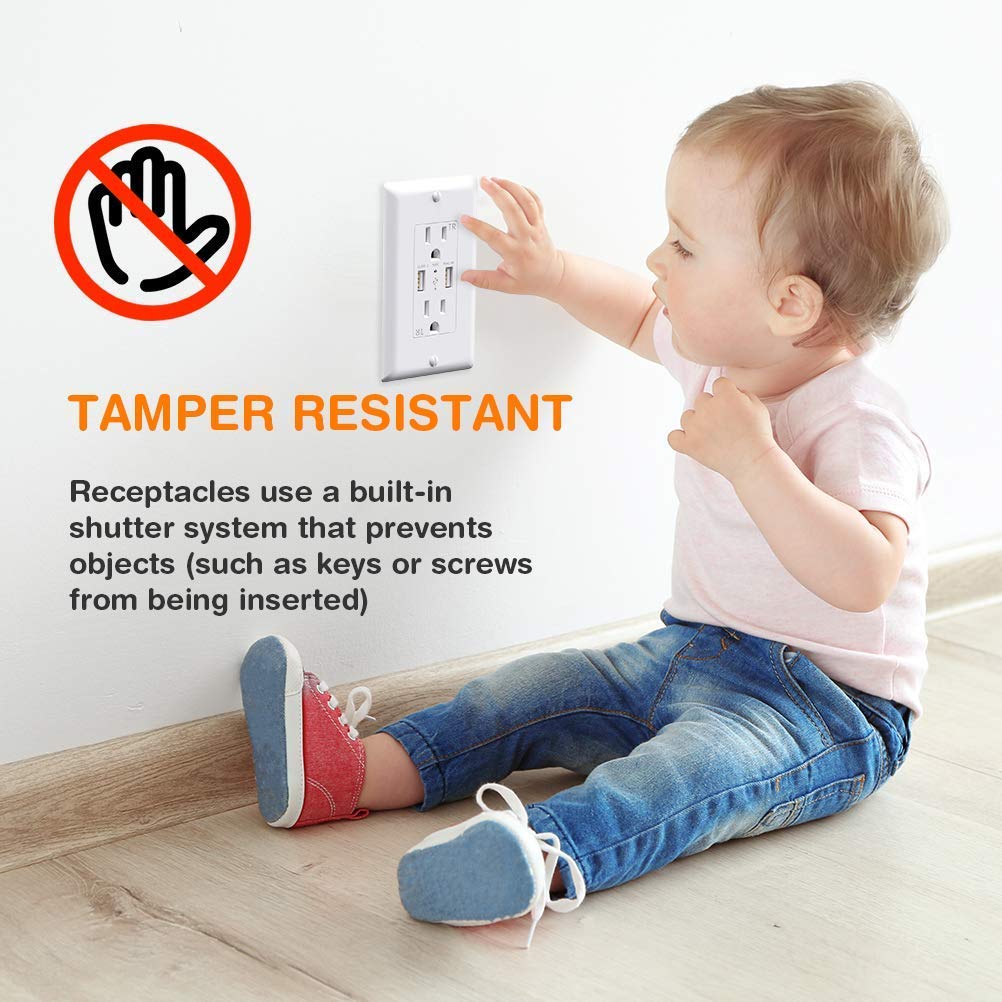 10-Pack High Speed 4.2A USB Outlet Charger Wall Plate - Dual USB Ports, 15A 125V 60Hz Tamper Resistant Electrical Receptacle with Free Faceplate - Perfect for Home, Office & Hotel Room Charging Stations
