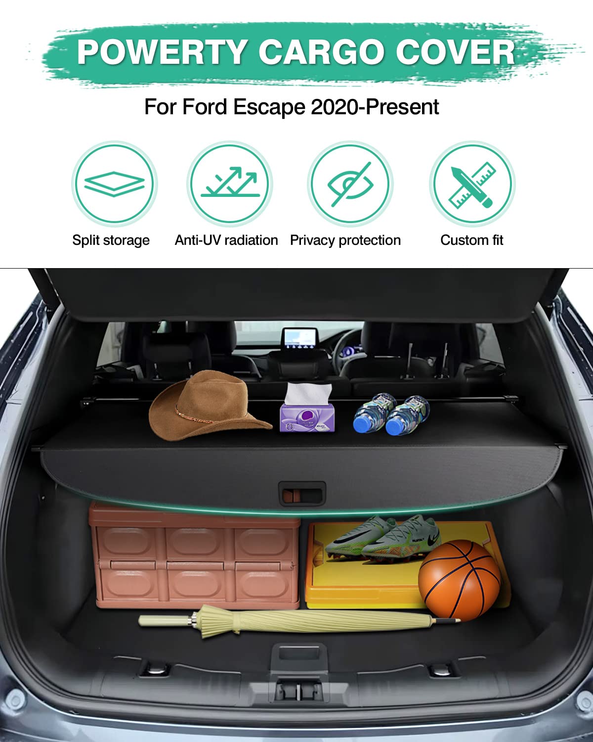 2020-2025 Ford Escape Retractable Cargo Cover - Black Trunk Shade Accessory | Durable Luggage Protector for SUV Cargo Area | Perfect for Road Trips, Grocery Hauling & Pet Transport