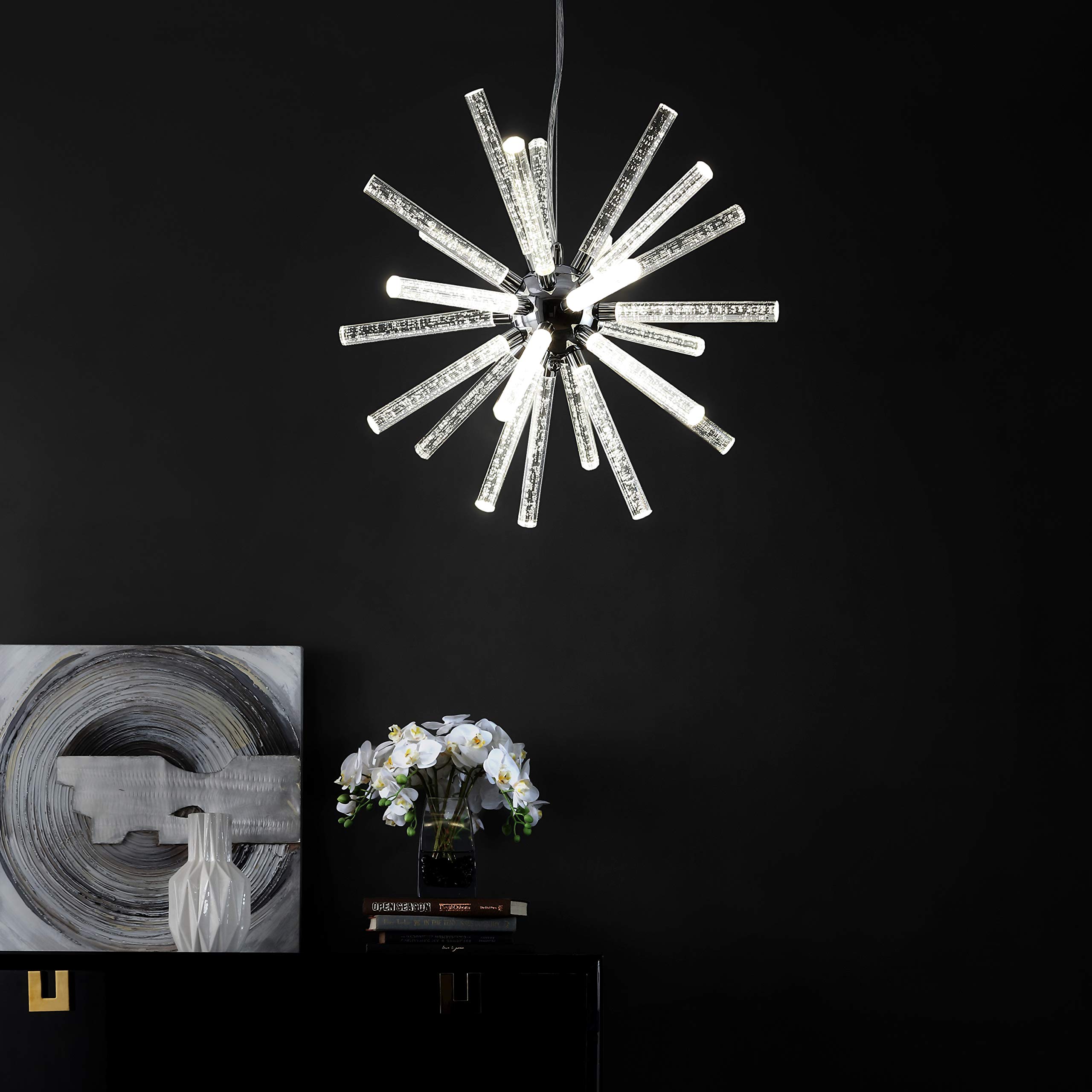 SAFAVIEH PND4103A Gema Chrome & Clear Sputnik LED Pendant Light - 22 Inch Adjustable Modern Ceiling Lighting for Dining Room, Kitchen Island, or Living Room Decor