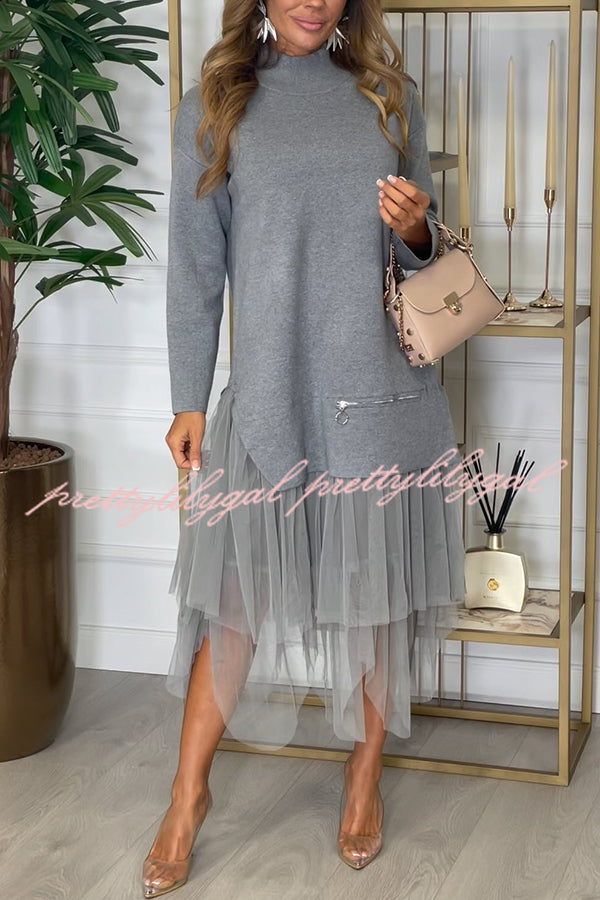 Taylor Knit Turtleneck Zip-Up Top & Elastic Waist Tulle Loose Midi Skirt Set - Women's Casual Winter Outfit for Office, Date Night & Holiday Parties